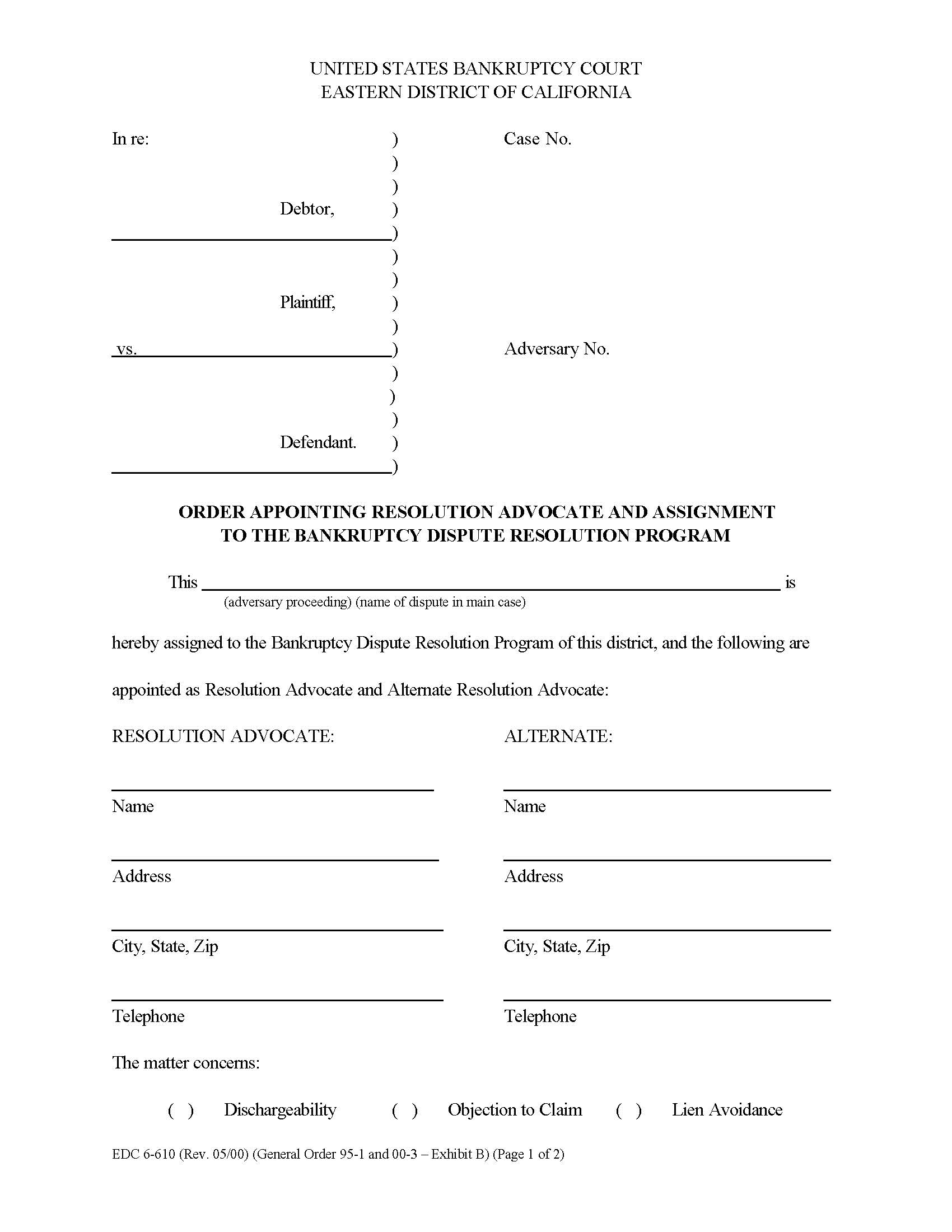 Order Appointing Resolution Advocate And Assignment To The Bankruptcy Dispute Resolution Program {EDC 6-610} | Pdf Fpdf Doc Docx | California