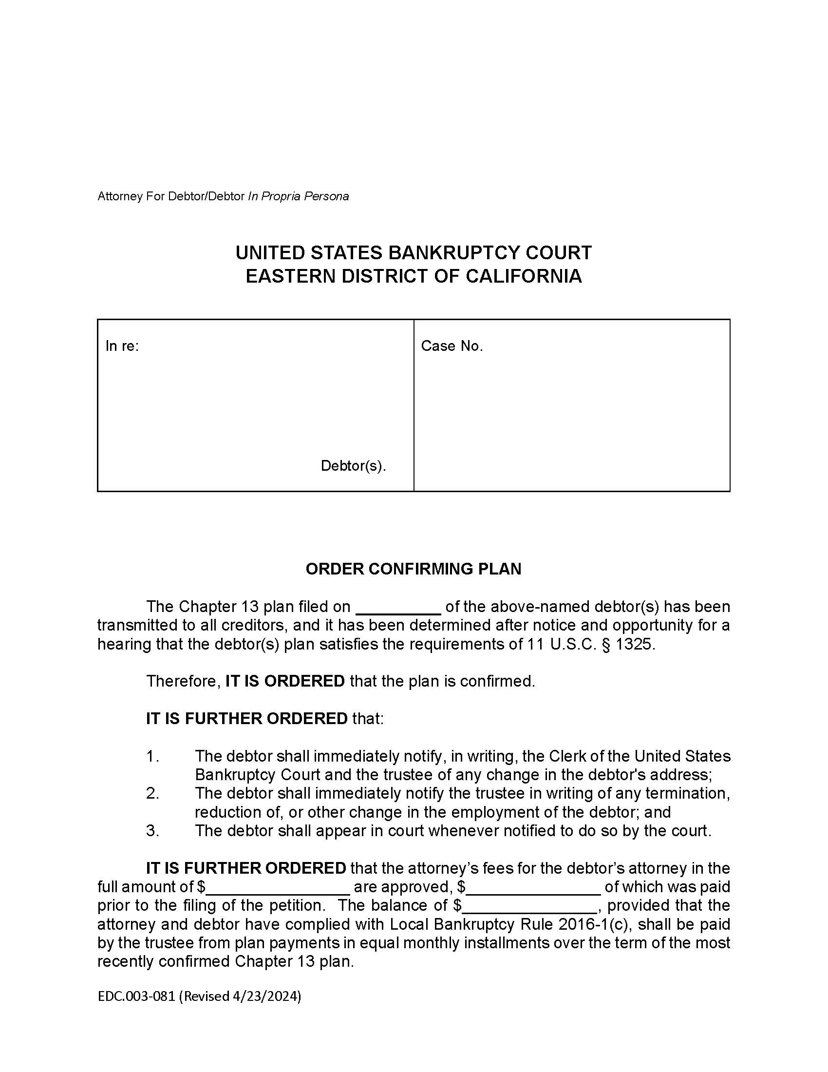 Order Confirming Plan {EDC.003-081} | Pdf Fpdf Doc Docx | California
