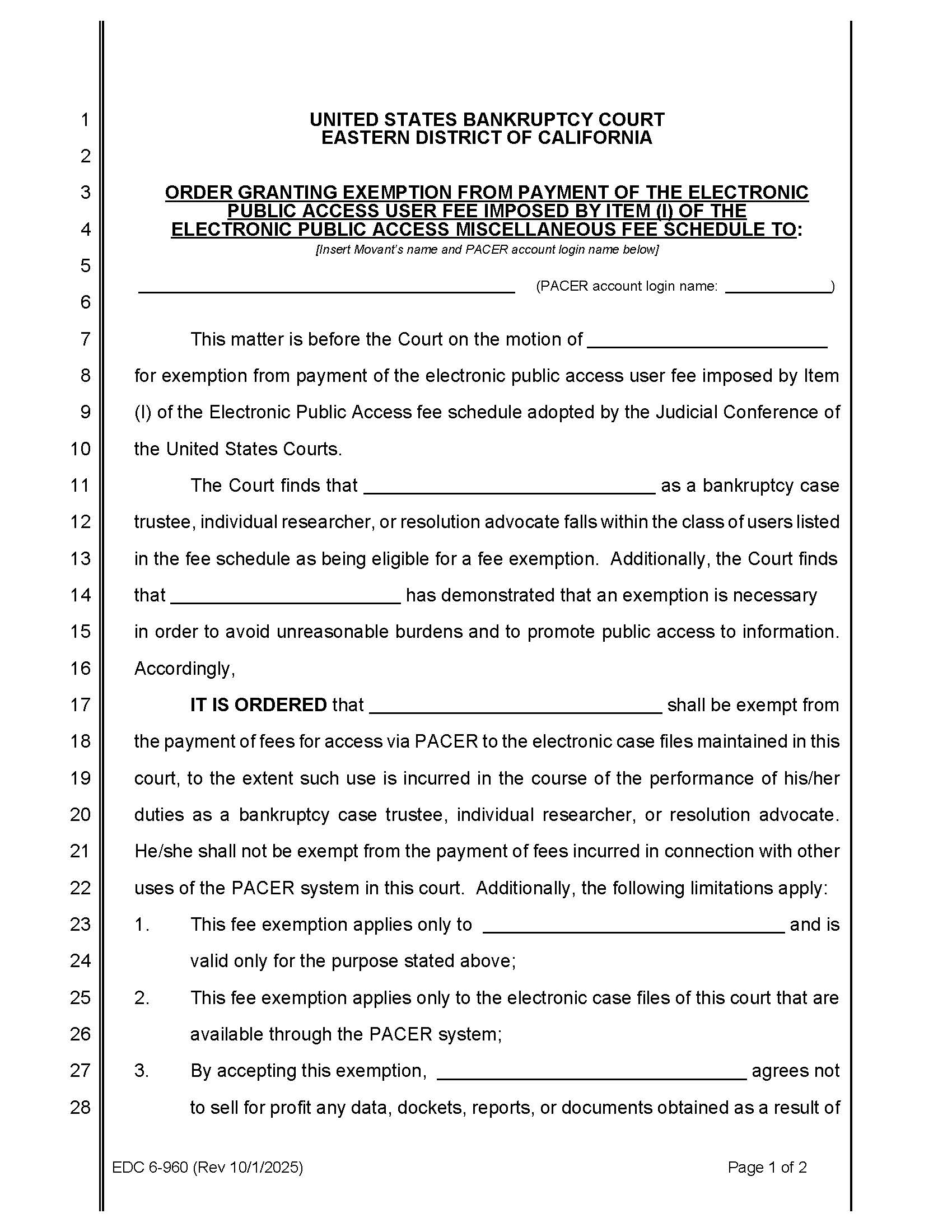 Order Granting Exemption From Payment Of The Electronic Public Access User Fee Prescribed By Item (1) {EDC 6-960} | Pdf Fpdf Doc Docx | California