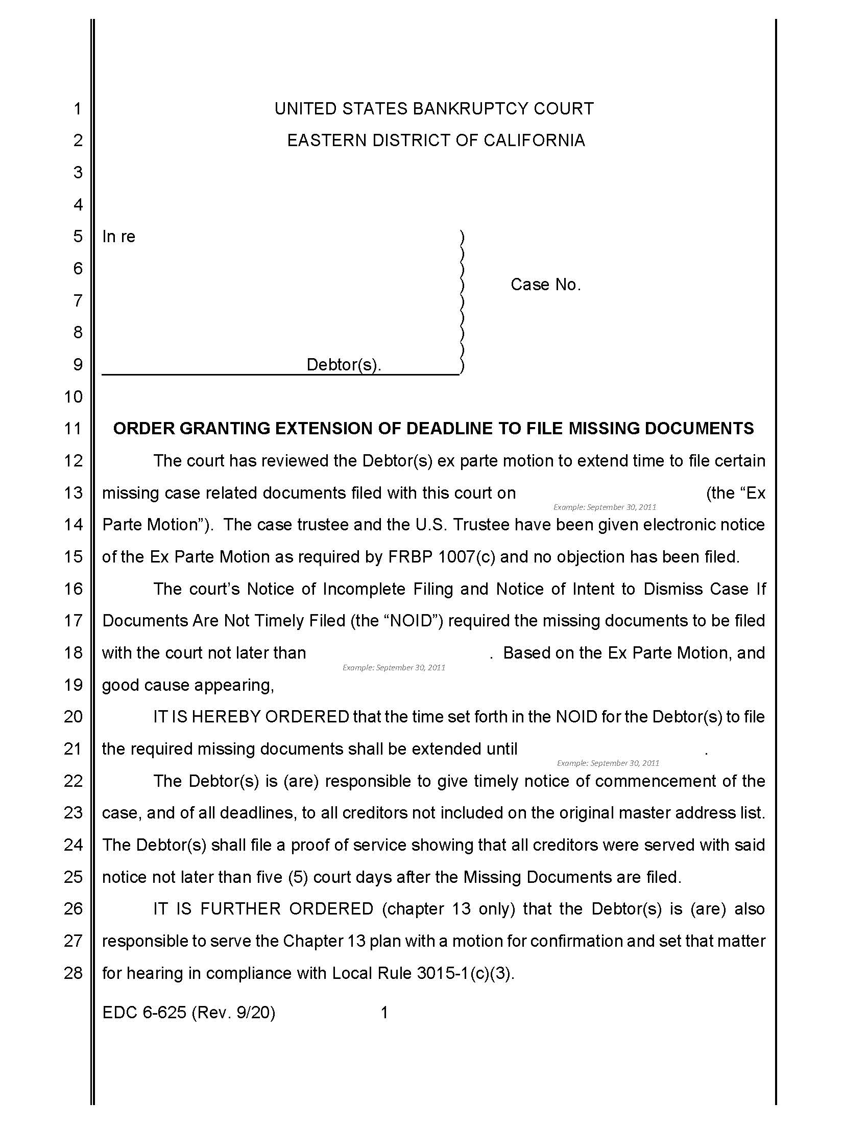 Order Granting Extension Of Deadline To File Missing Documents {EDC 6-625} | Pdf Fpdf Doc Docx | California