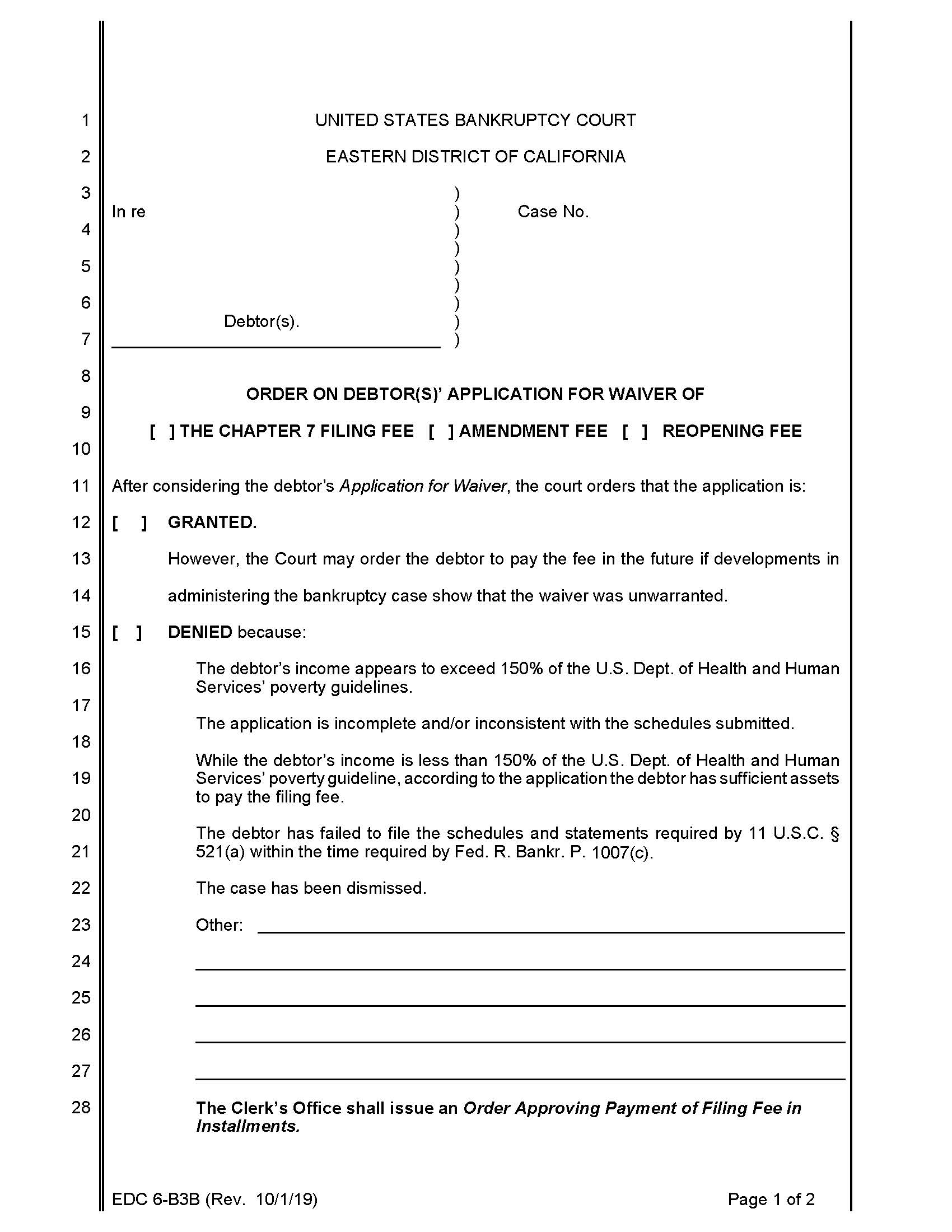 Order On Debtor(s) Application For Waiver Of The Chapter 7 Filing Fee {EDC 6-B3B} | Pdf Fpdf Doc Docx | California