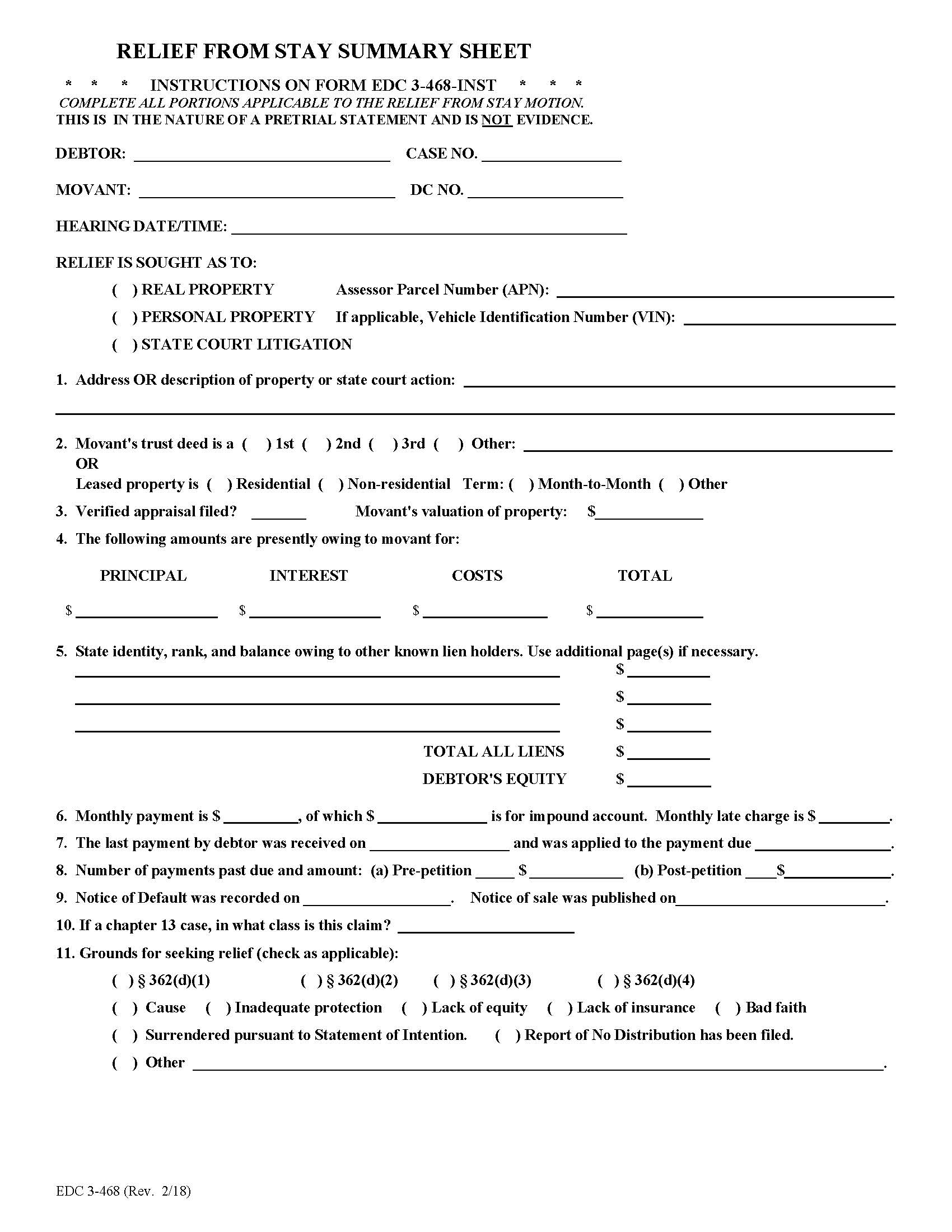 Relief From Stay Information Sheet {EDC 3-468} | Pdf Fpdf Docx | California