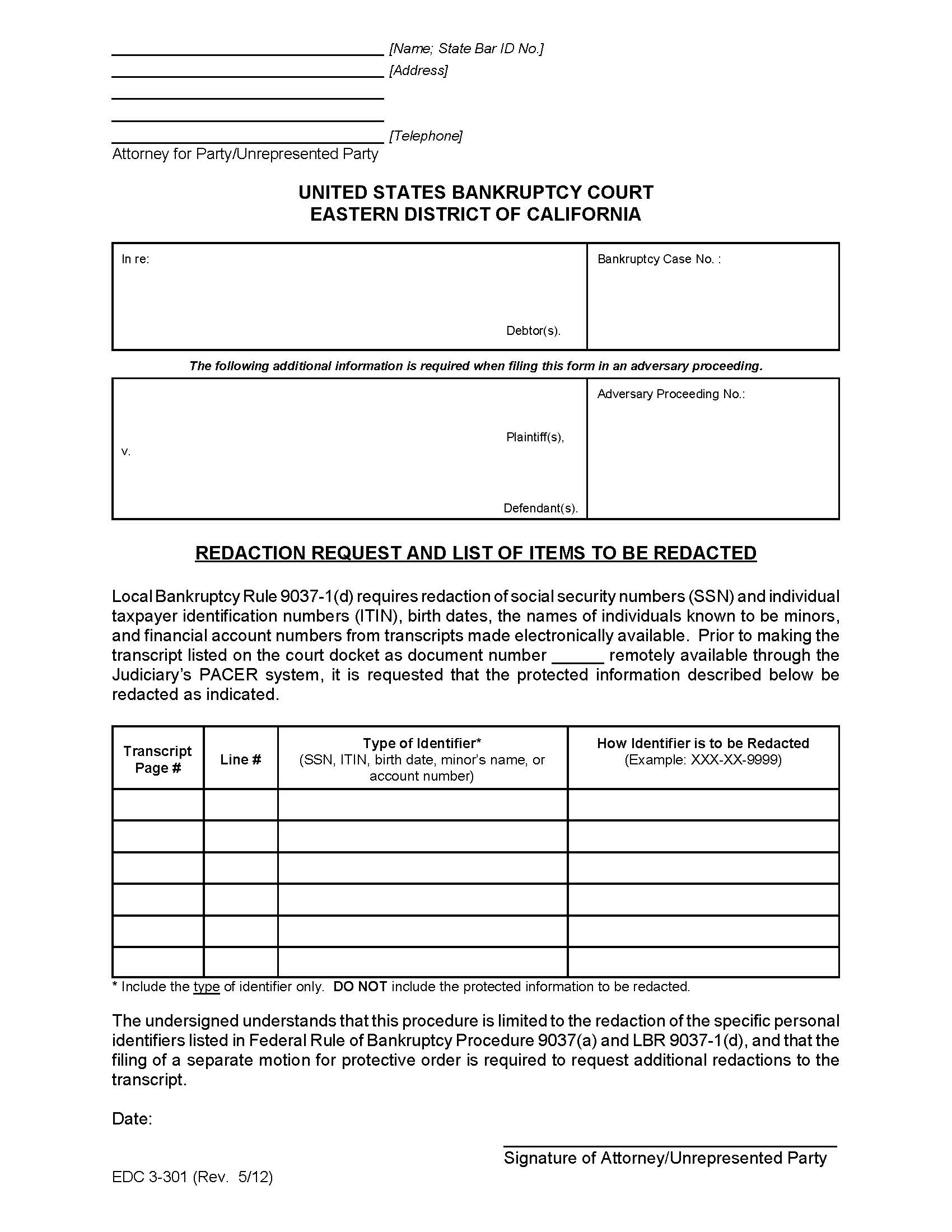 Request For Redaction And List Of List Of Items To Be Redacted {EDC 3-301} | Pdf Fpdf Doc Docx | California