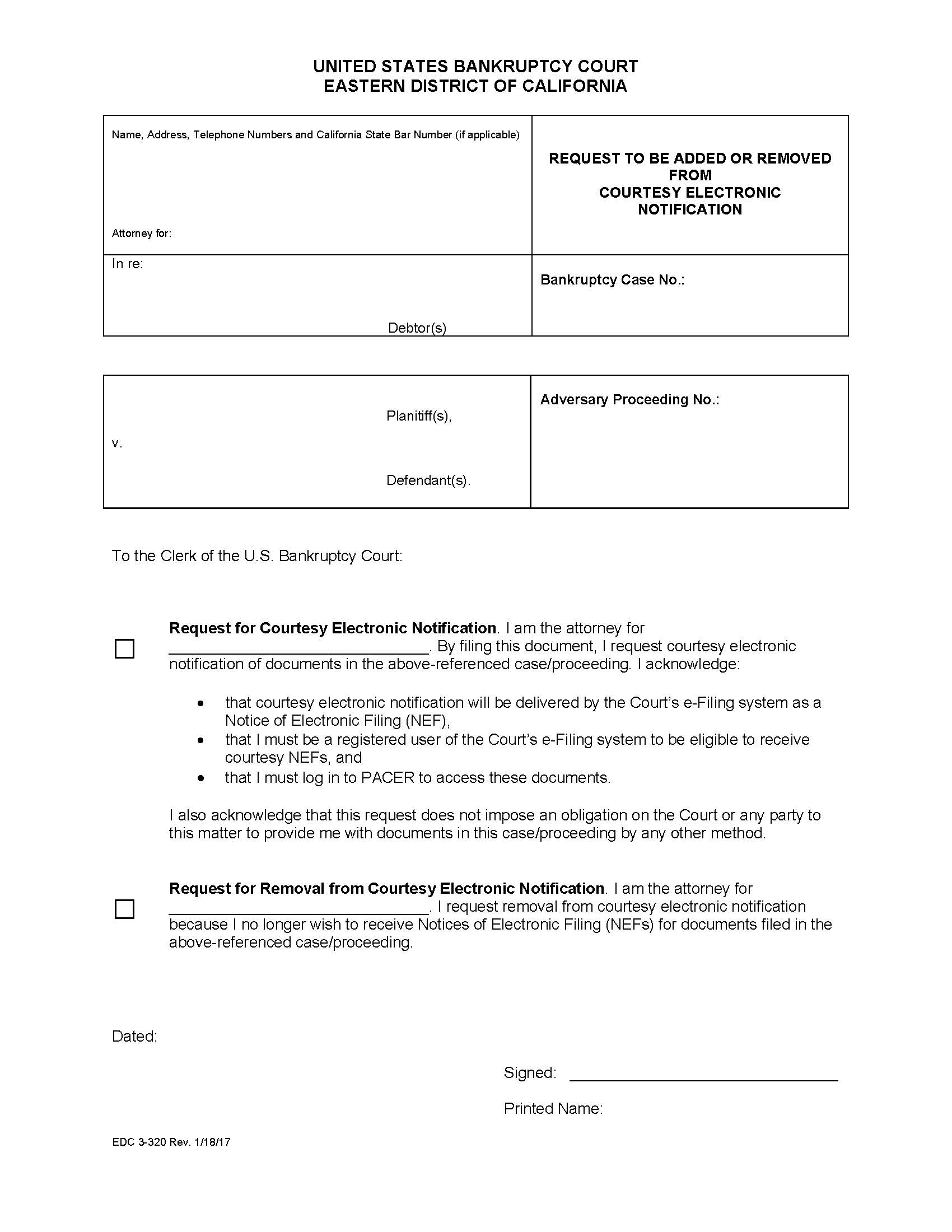 Request To Be Added Or Removed From Courtesy Notice Of Electronic Filing (NEF) {EDC 3-320} | Pdf Fpdf Docx | California