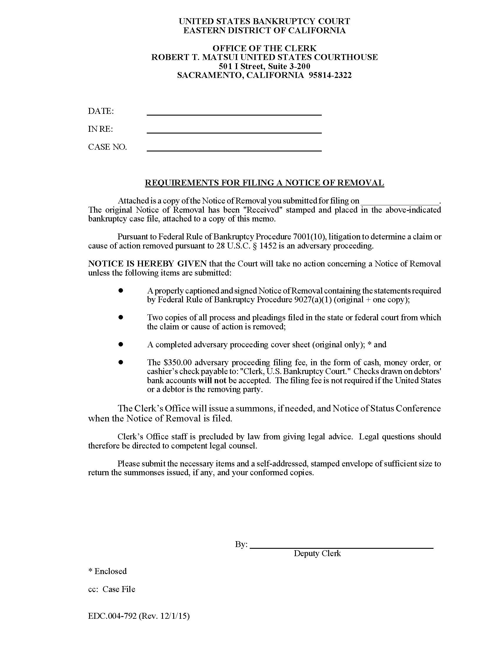 Requirements For Filing A Notice Of Removal {EDC 4-792} | Pdf Fpdf Doc Docx | California