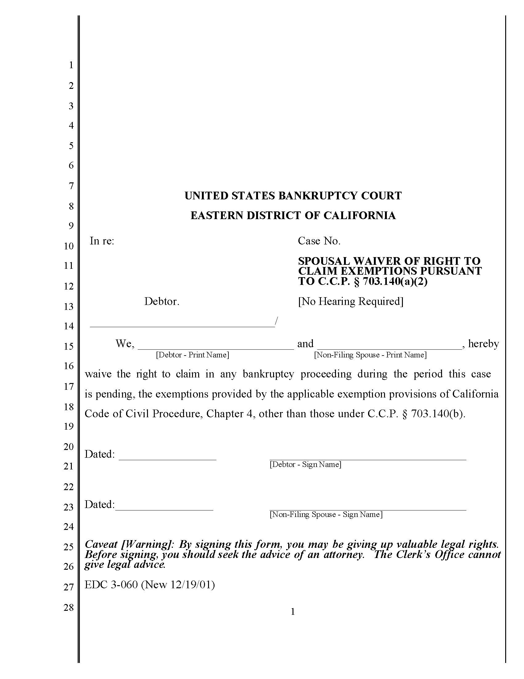 Spousal Waiver Of Right To Claim Exemptions Pursuant To CCP 703.140 (a)(2) {EDC 3-060} | Pdf Fpdf Doc Docx | California