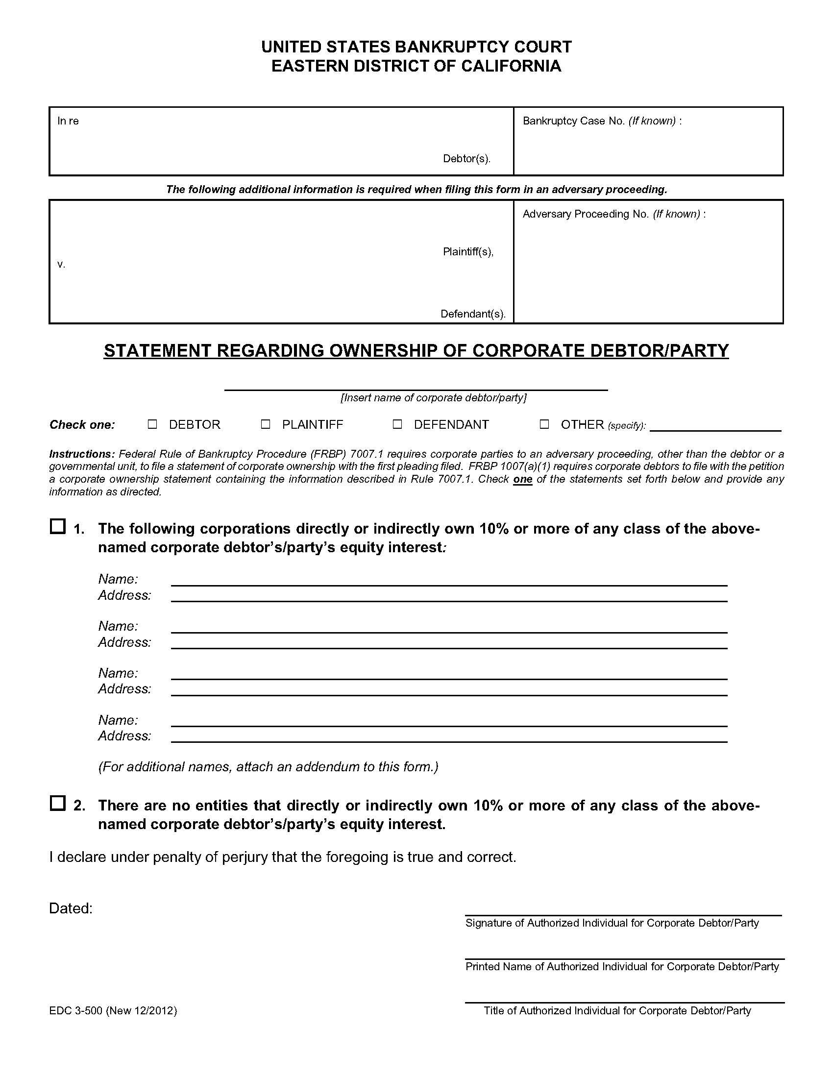 Statement Regarding Ownership Of Corporate Debtor-Party {EDC 3-500} | Pdf Fpdf Doc Docx | California