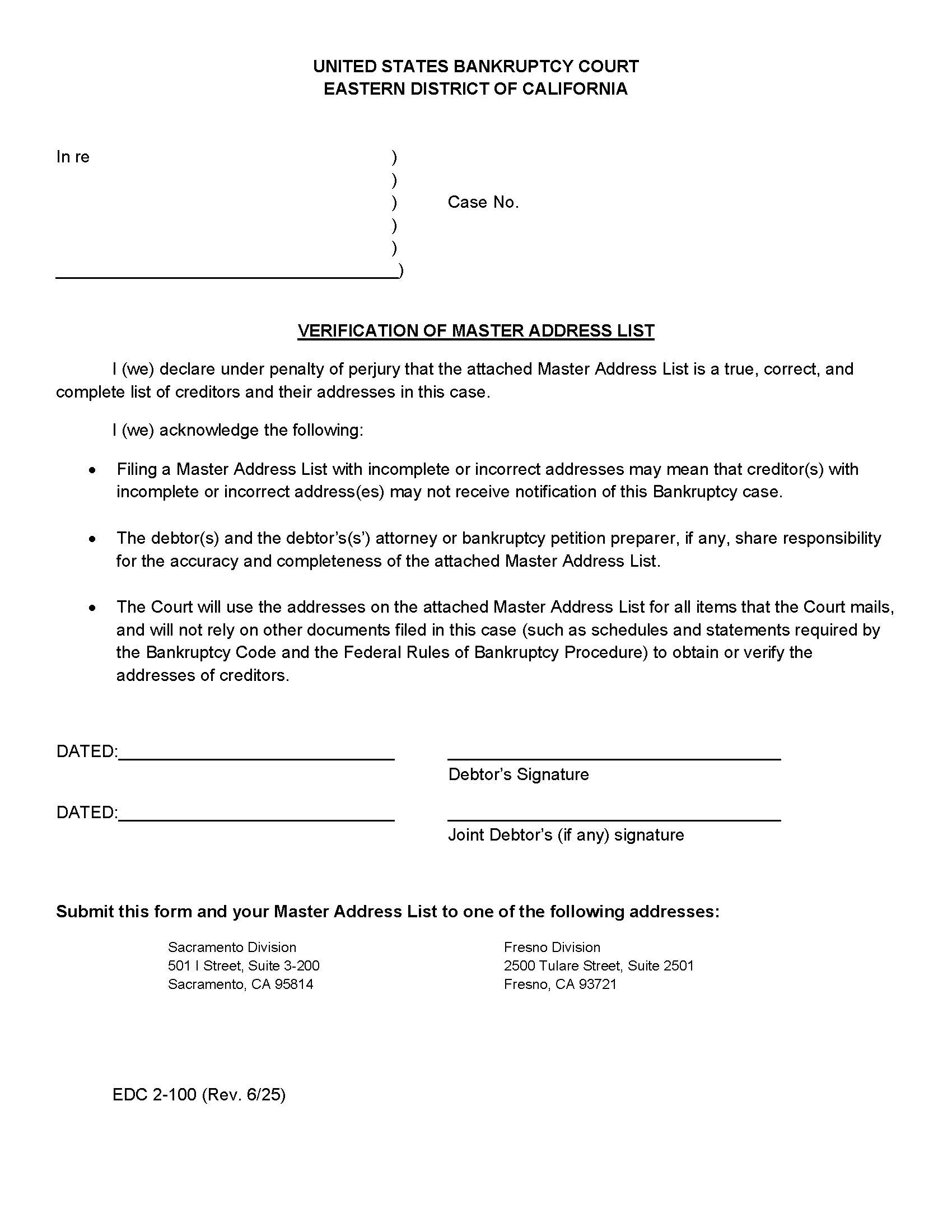 Verification Of Master Address List {EDC 2-100} | Pdf Fpdf Doc Docx | California