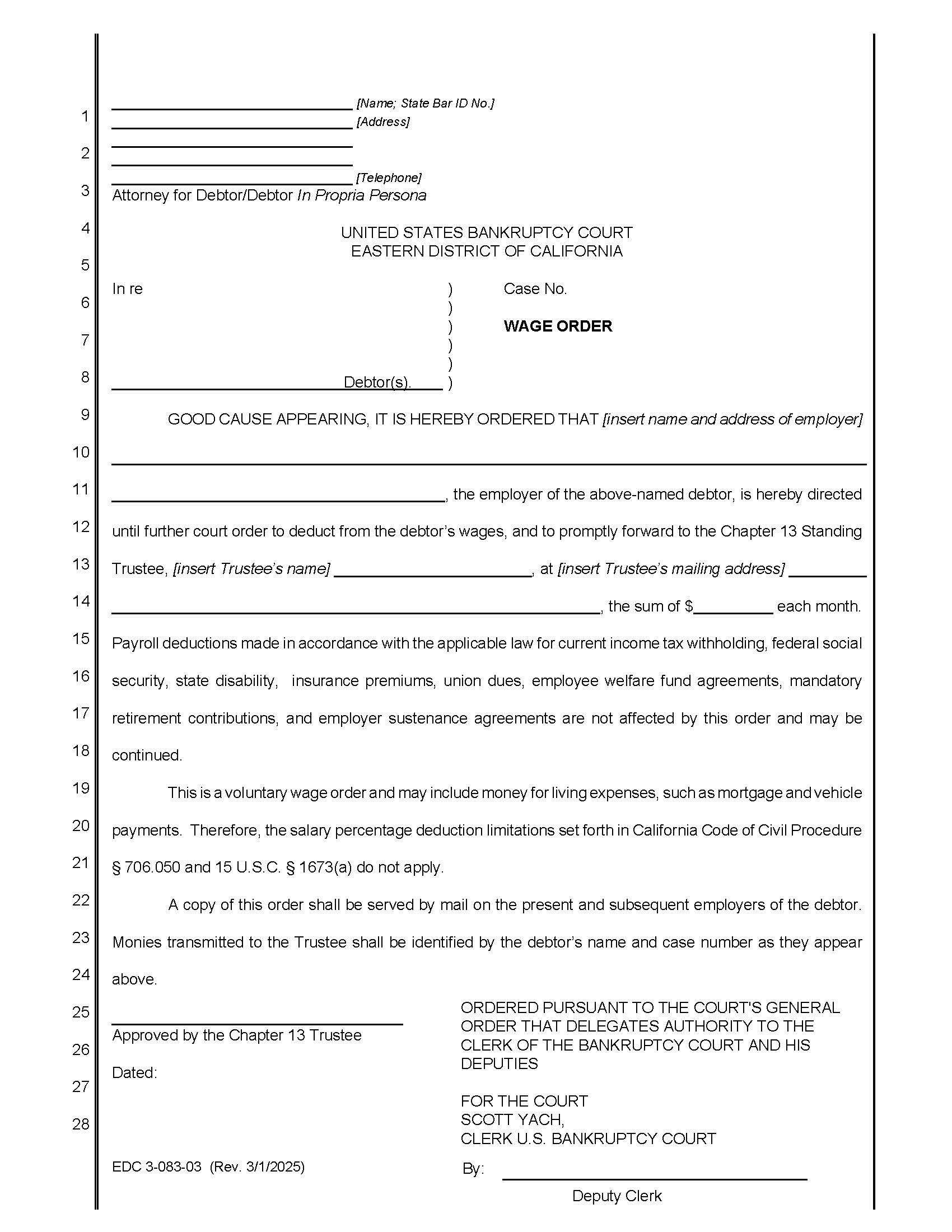 Wage Order (For Use In Chapter 13 Cases Filed On Or After 7-1-03) {EDC 3-083-03} | Pdf Fpdf Docx | California