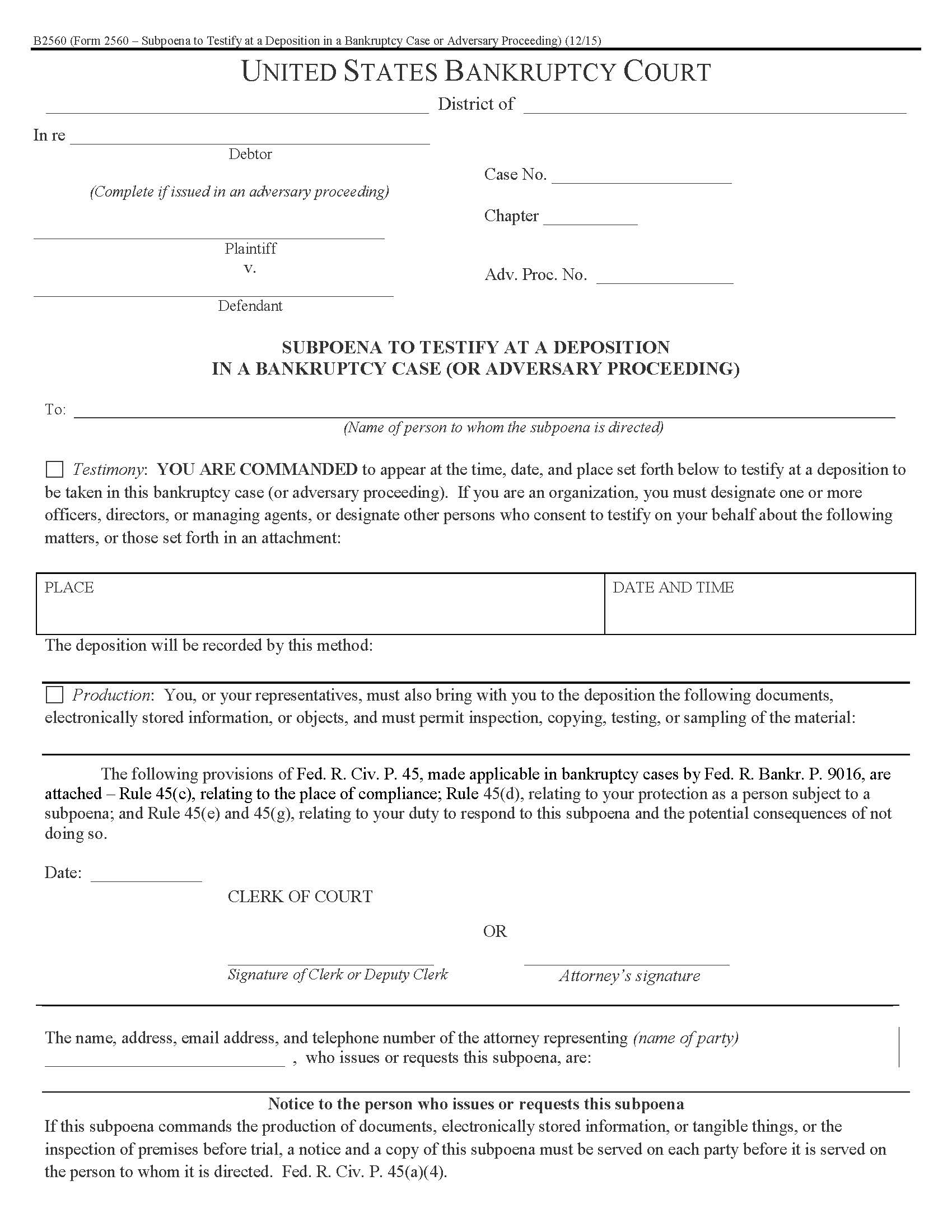 Subpoena To Testify At A Deposition In A Bankruptcy Case (Eastern District) {B2560} | Pdf Fpdf Doc Docx | California