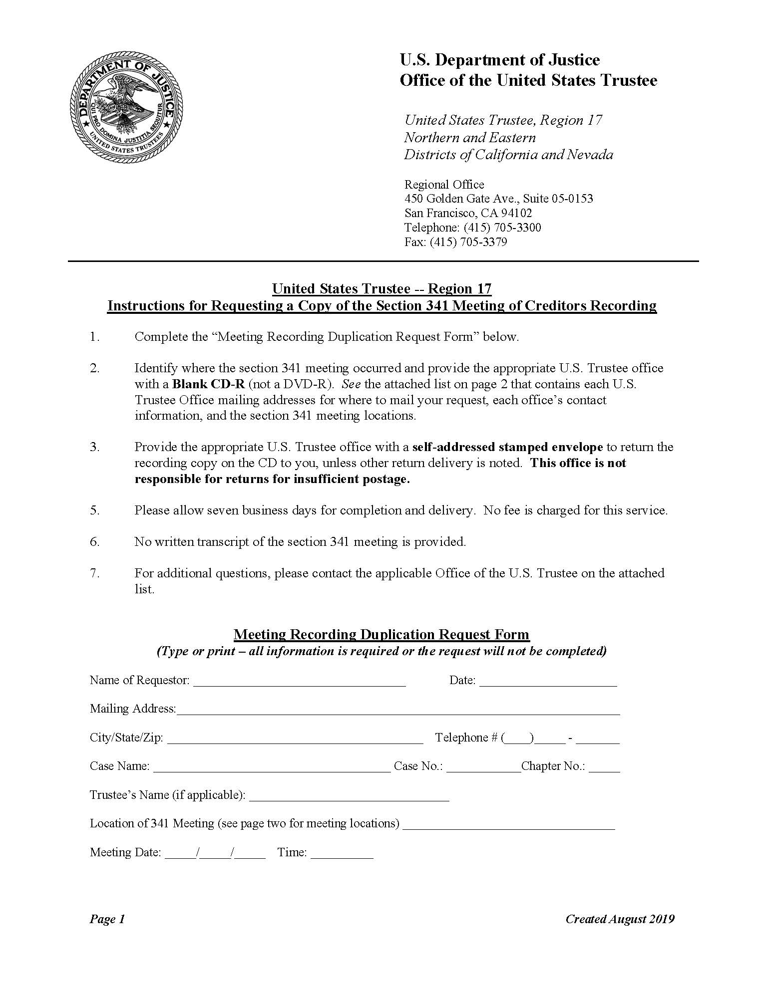 Instructions And Form For Requesting Copy Of Section 341 Meeting Recording | Pdf Fpdf Docx | California
