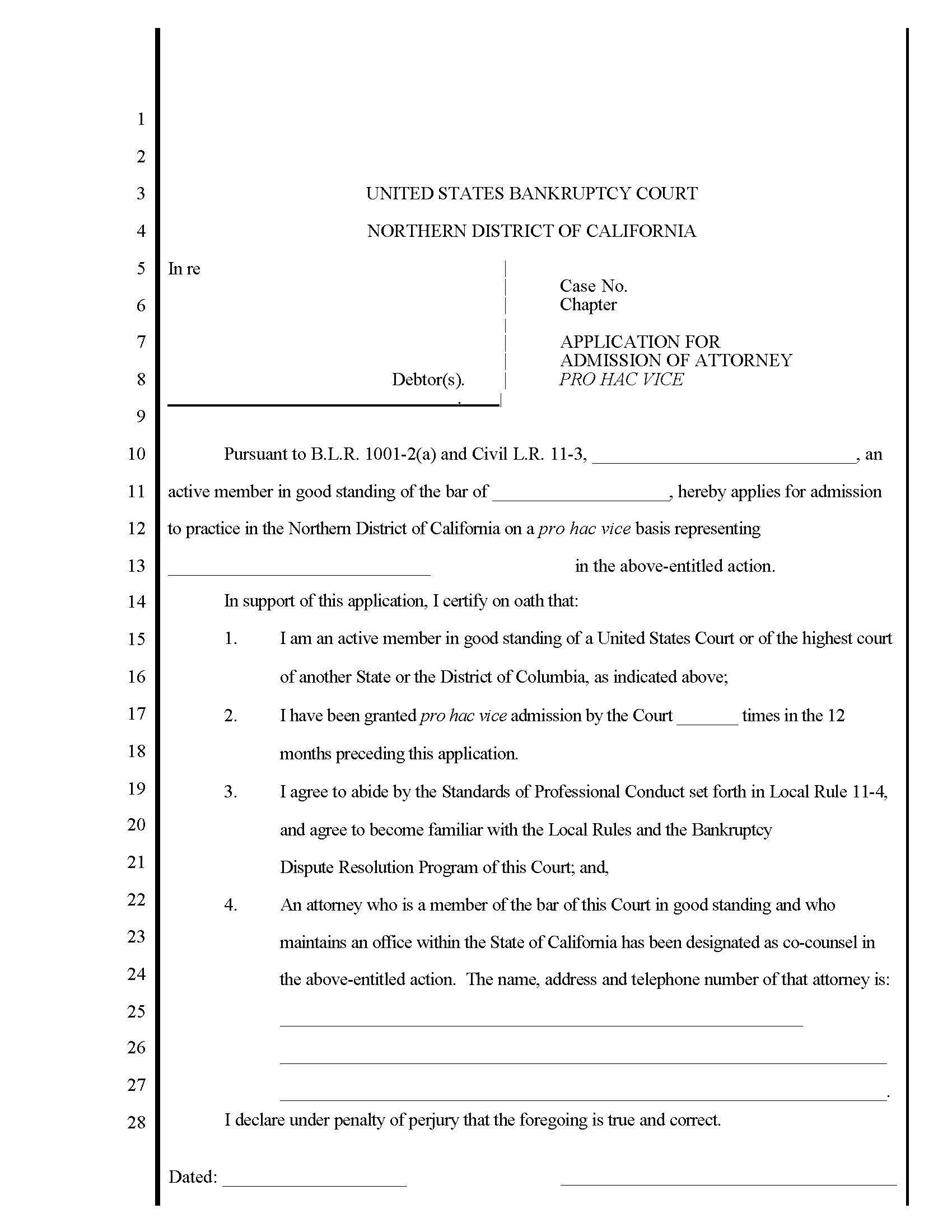 Application For Admission Of Attorney Pro Hac Vice (USBC Northern) | Pdf Fpdf Docx | California