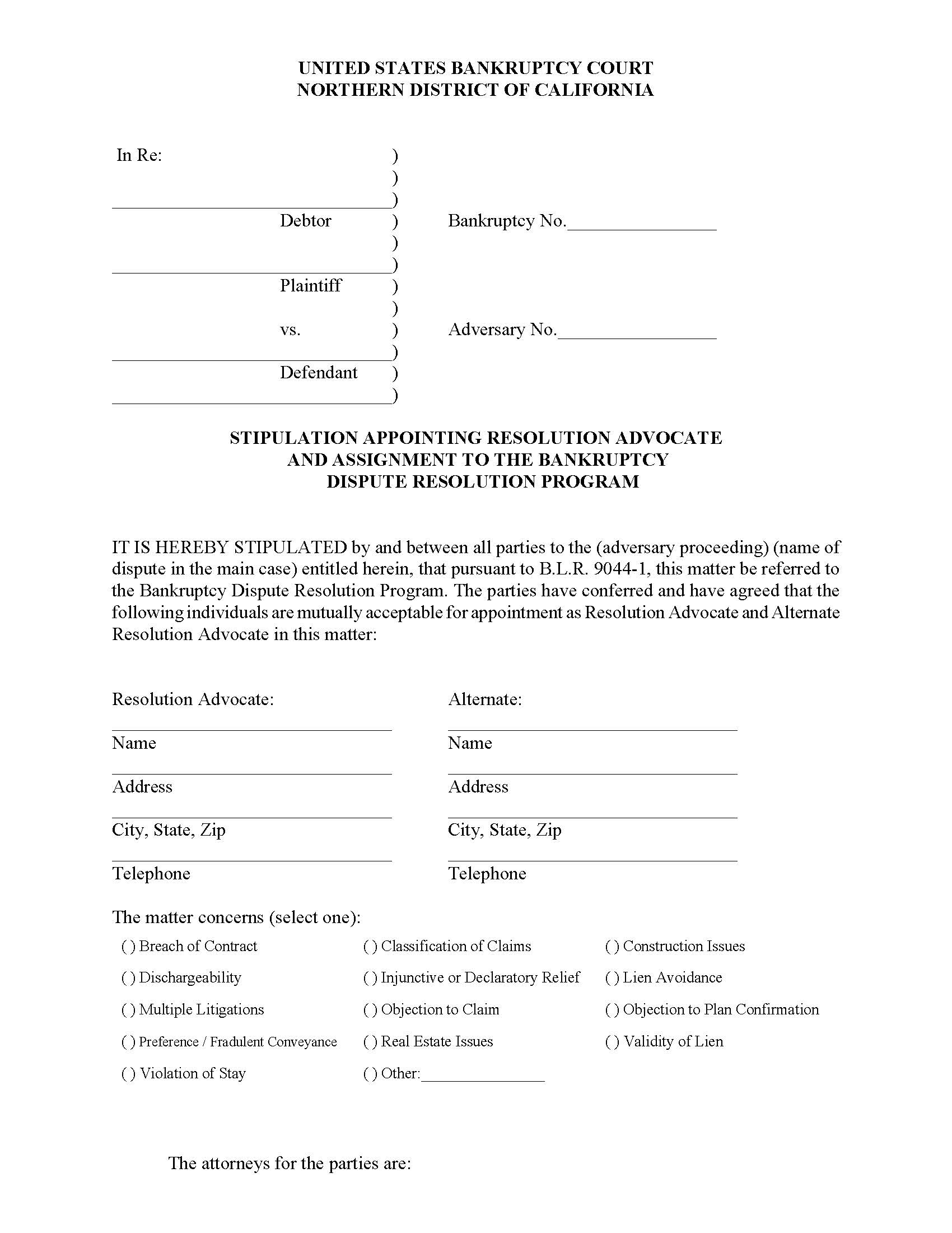 BDRP-Stipulation Appointing Resolution Advocate And Assignment | Pdf Fpdf Docx | California