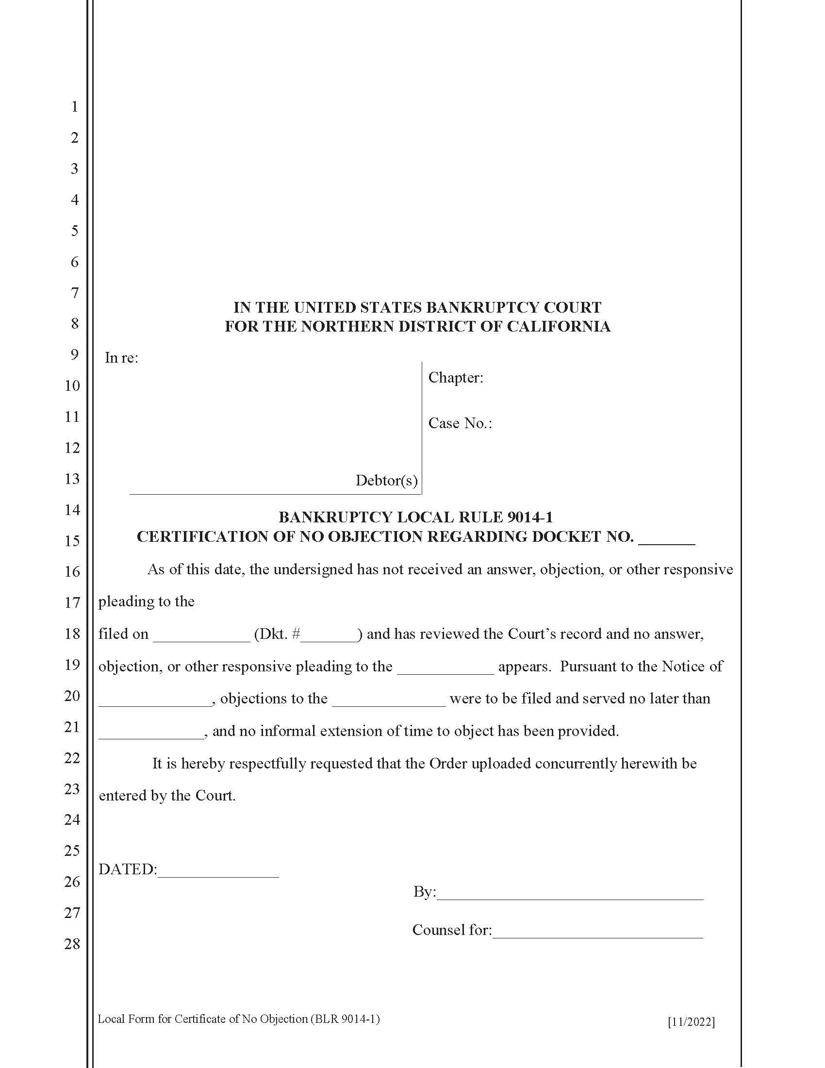 Certification Of No Objection (BLR 9104-1) | Pdf Fpdf Docx | California