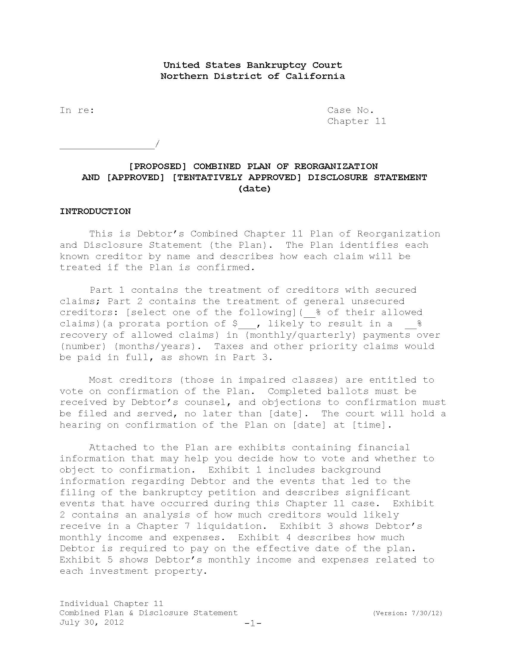 Chapter 11-Combined Standard Form Plan and Disclosure Statement For Individual | Pdf Fpdf Docx | California