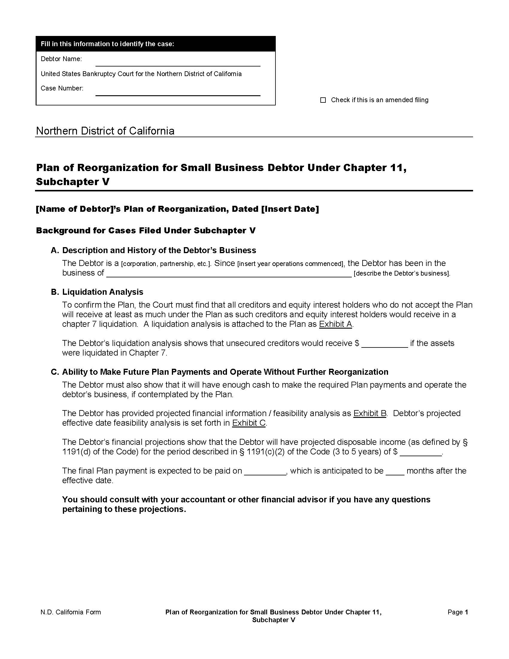 Chapter 11-SBRA Form (Plan Of Reorganization For Small Business Debtor) | Pdf Fpdf Docx | California