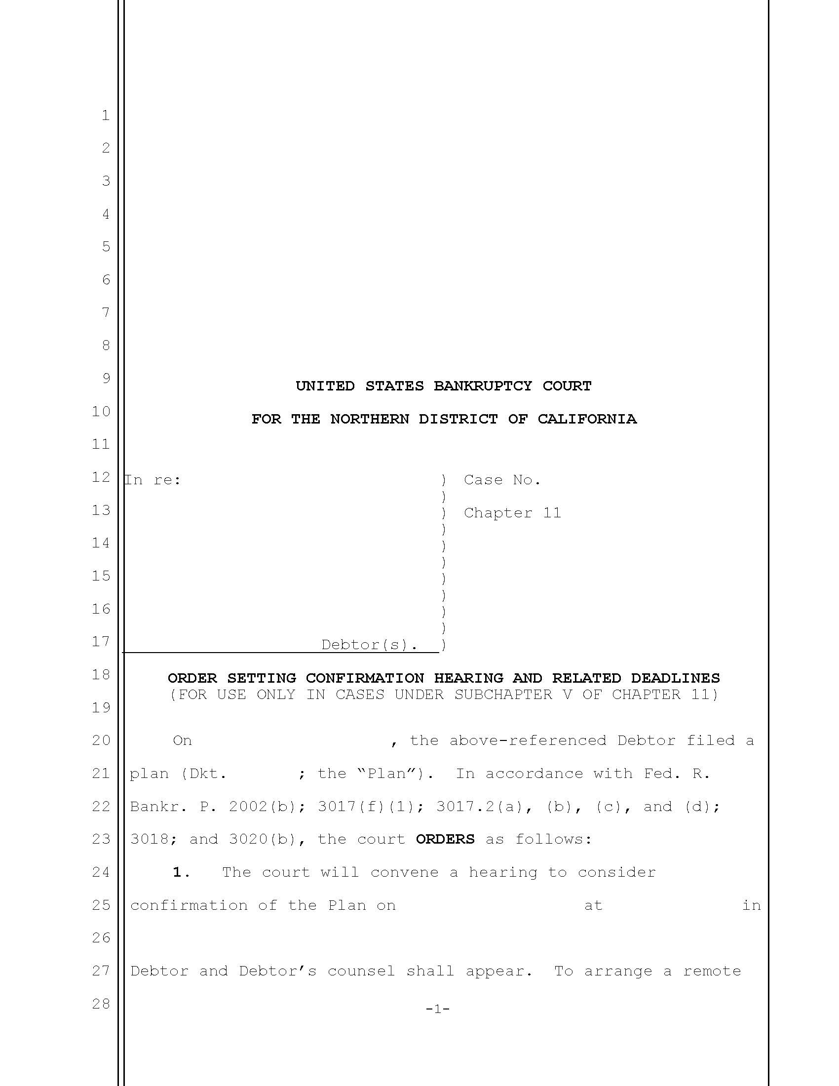Chapter 11-SBRA Order Setting Confirmation Hearing And Related Deadlines | Pdf Fpdf Docx | California
