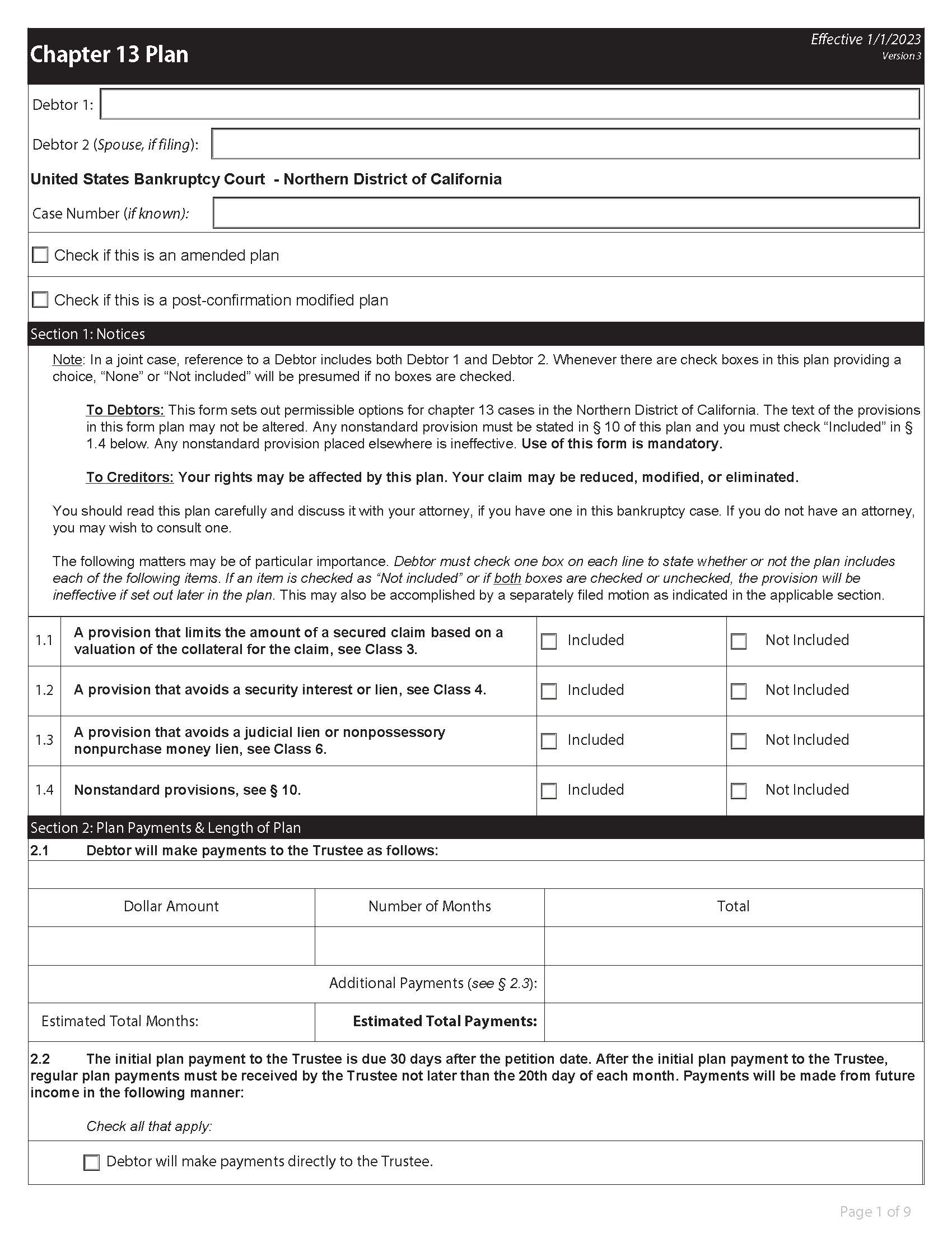 Chapter 13 Plan (Effective 1-1-23) | Pdf Fpdf Docx | California