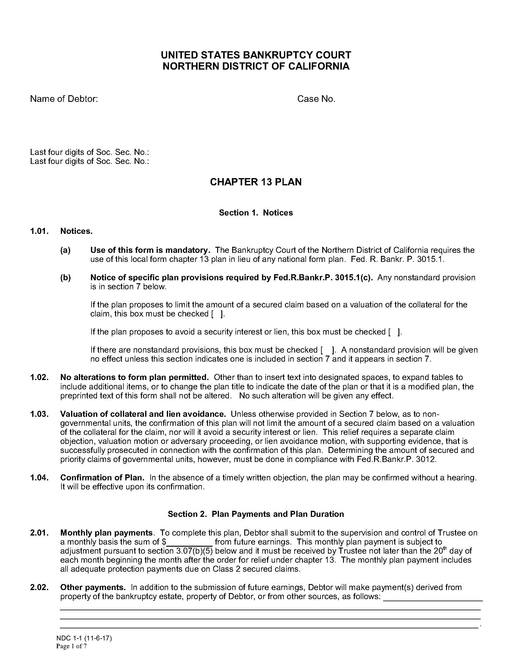 Chapter 13 Plan (Effective 12-1-17) {NDC 1-1} | Pdf Fpdf Docx | California