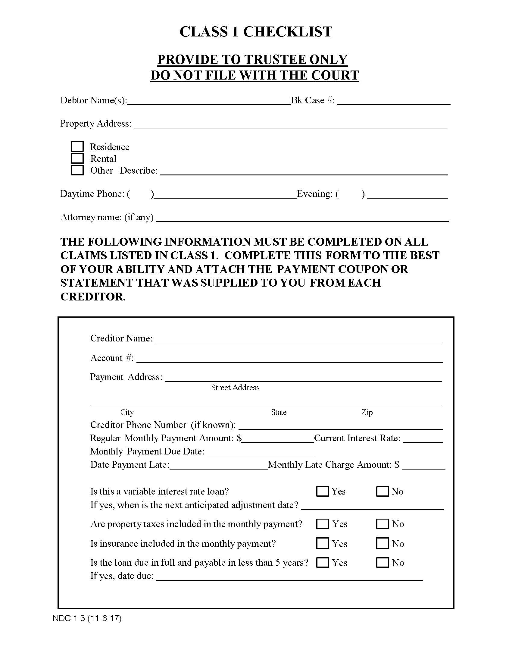 Chapter 13-Class 1 Checklist {NDC 1-3} | Pdf Fpdf Docx | California