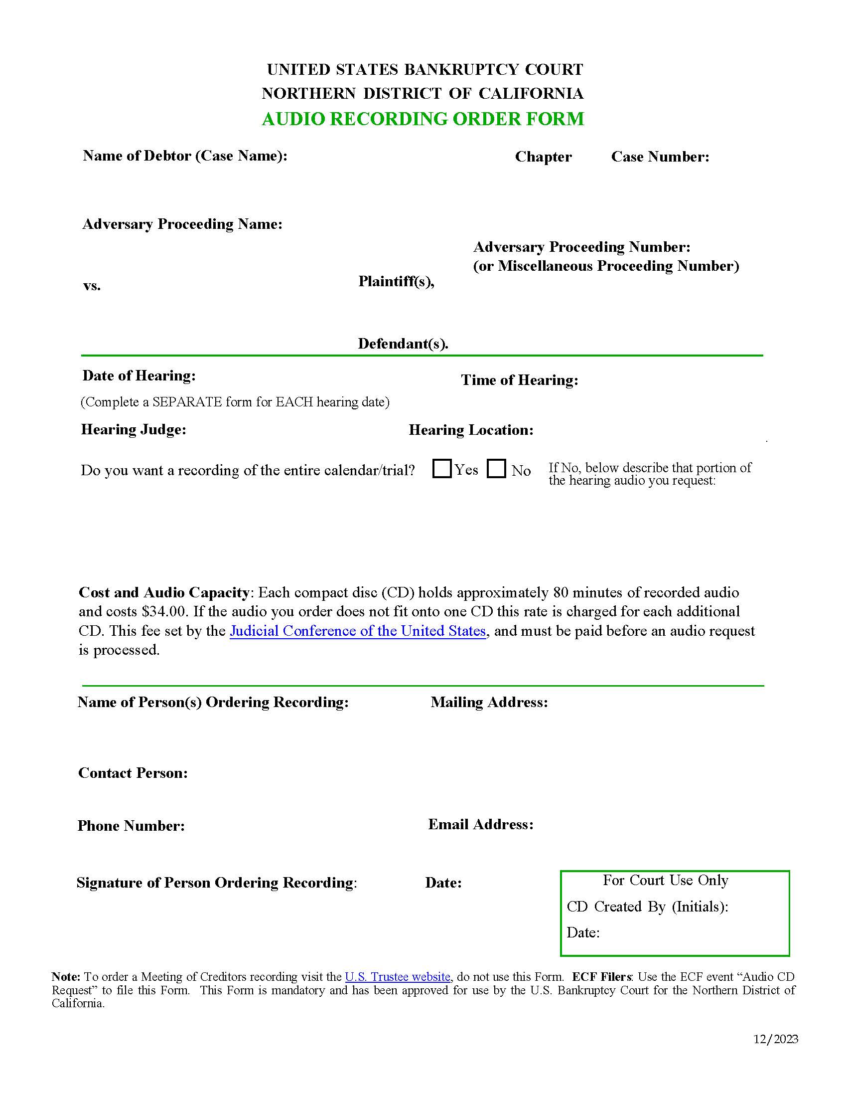 Court Hearing-Audio Recording Order Form | Pdf Fpdf Docx | California