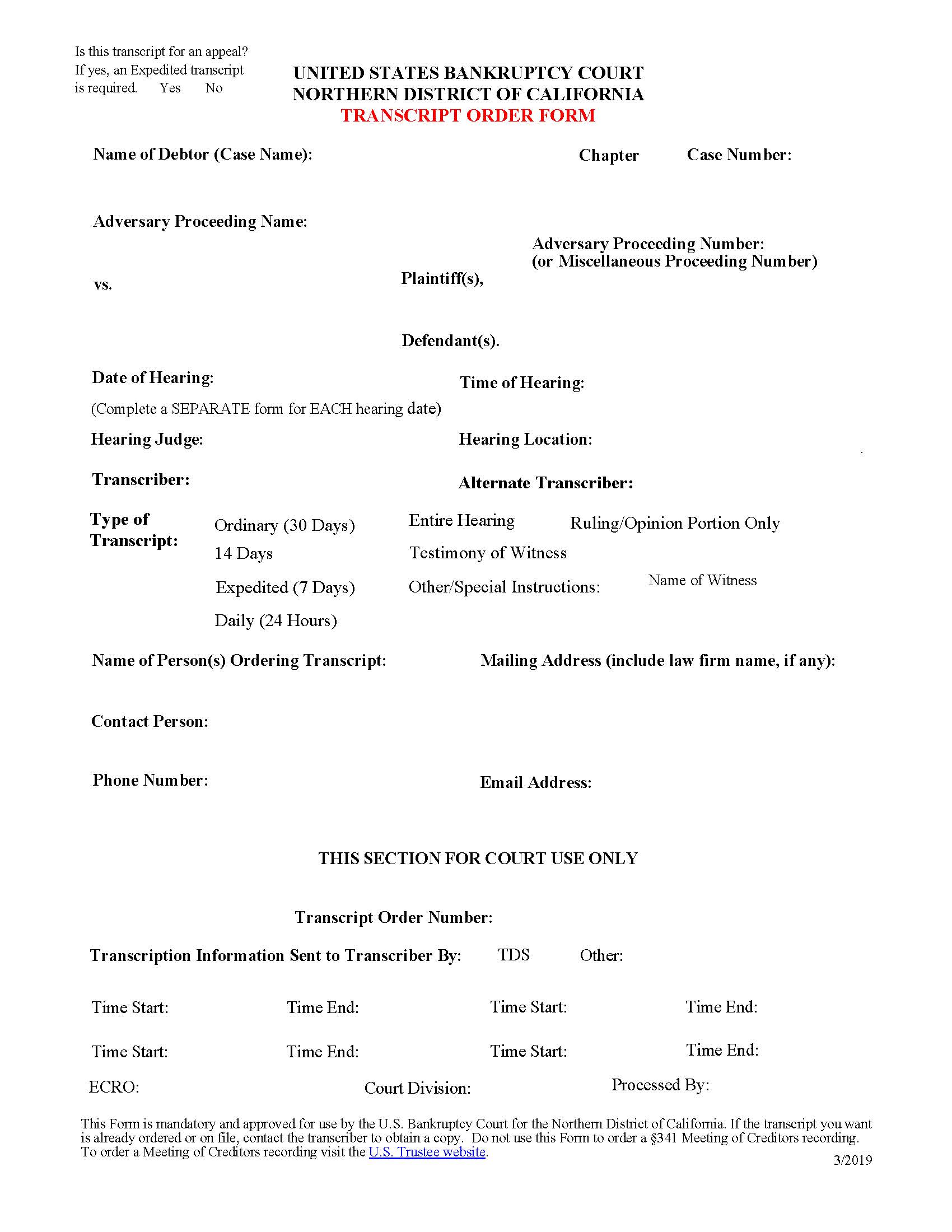 Court Hearing-Transcript Order Form | Pdf Fpdf Docx | California