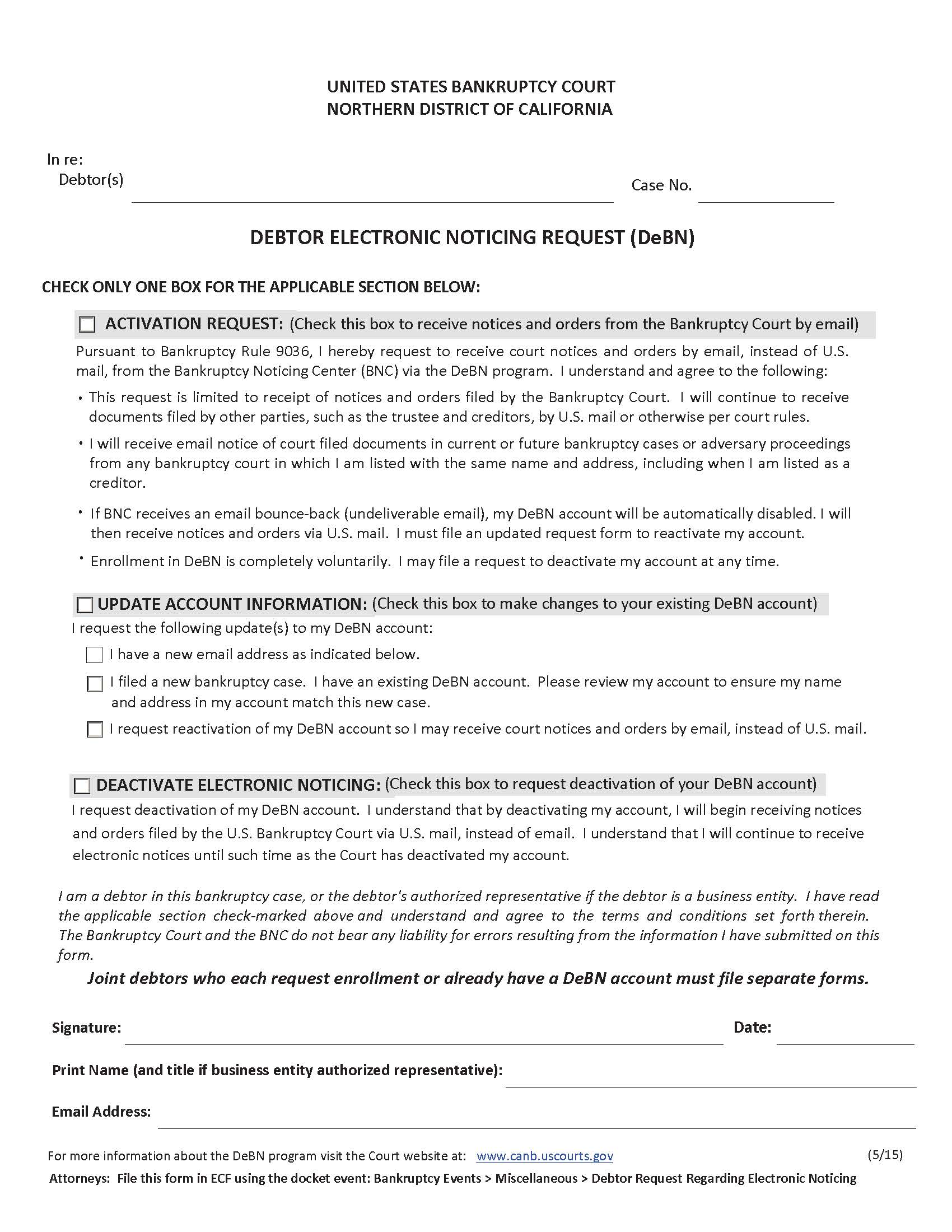 DeBN Request Form (Debtor Electronic Noticing) | Pdf Fpdf Docx | California