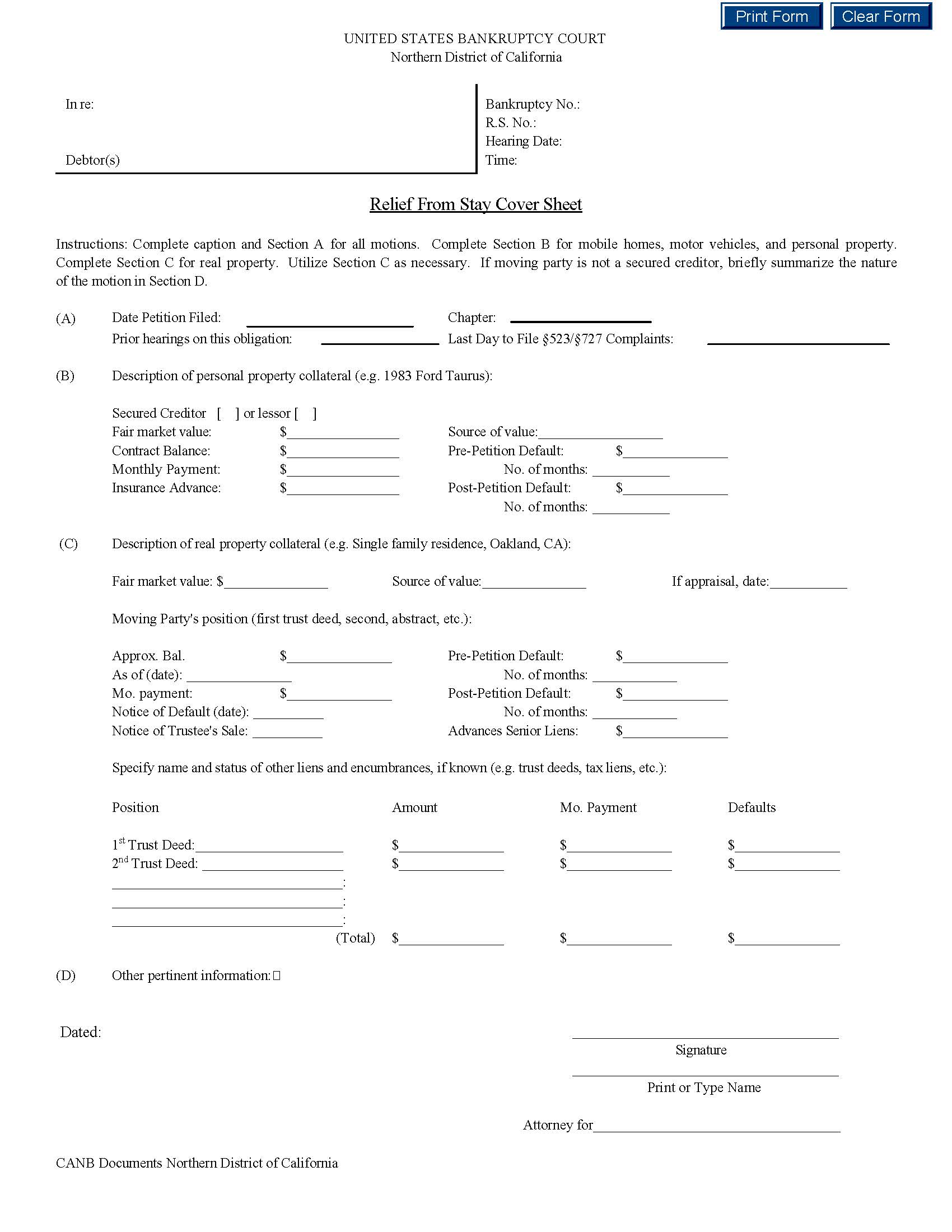 Relief From Stay Cover Sheet | Pdf Fpdf Docx | California