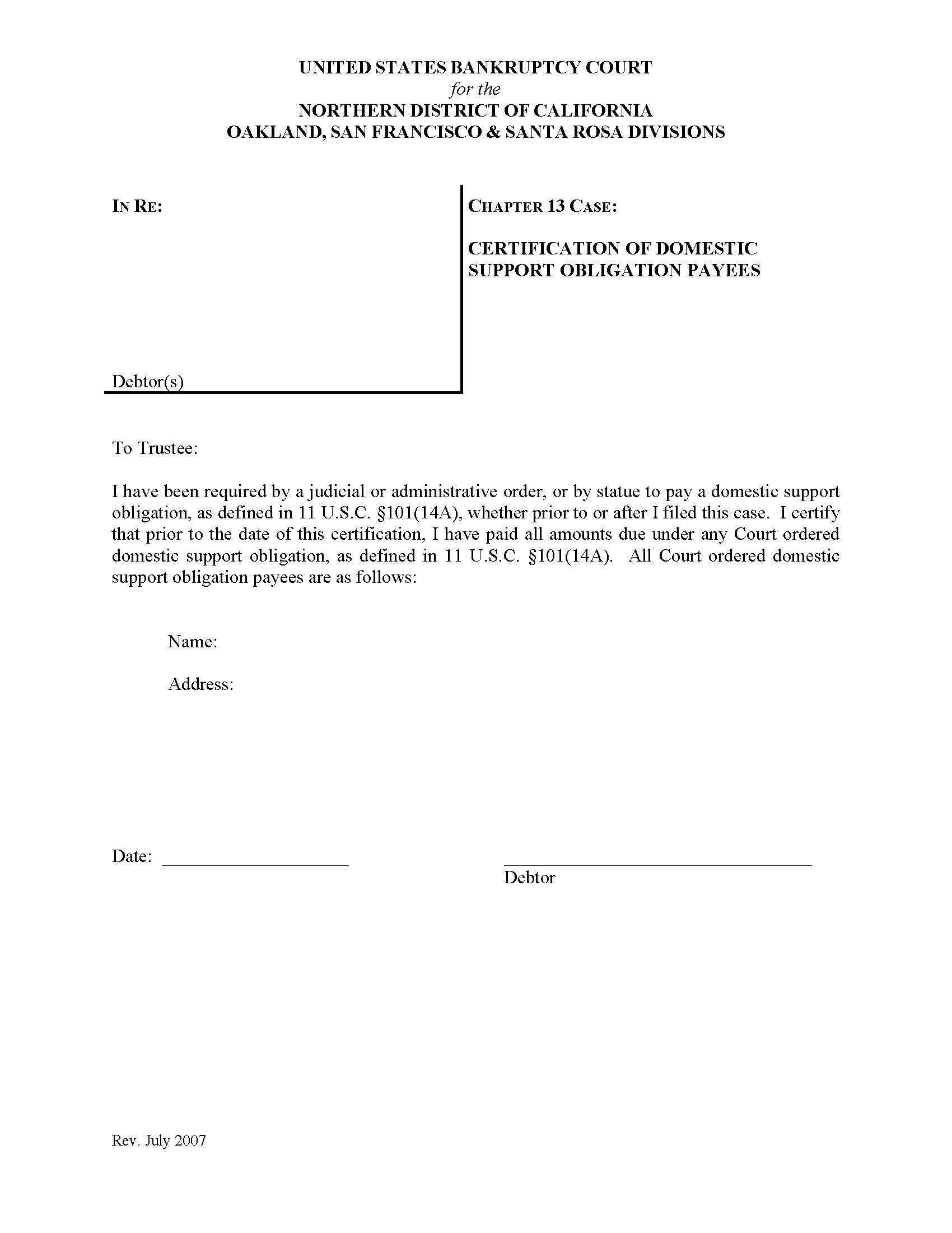 Certification Of Domestic Support Obligation Payees (Oakland-San Francisco-Santa Rosa Divisions) | Pdf Fpdf Docx | California