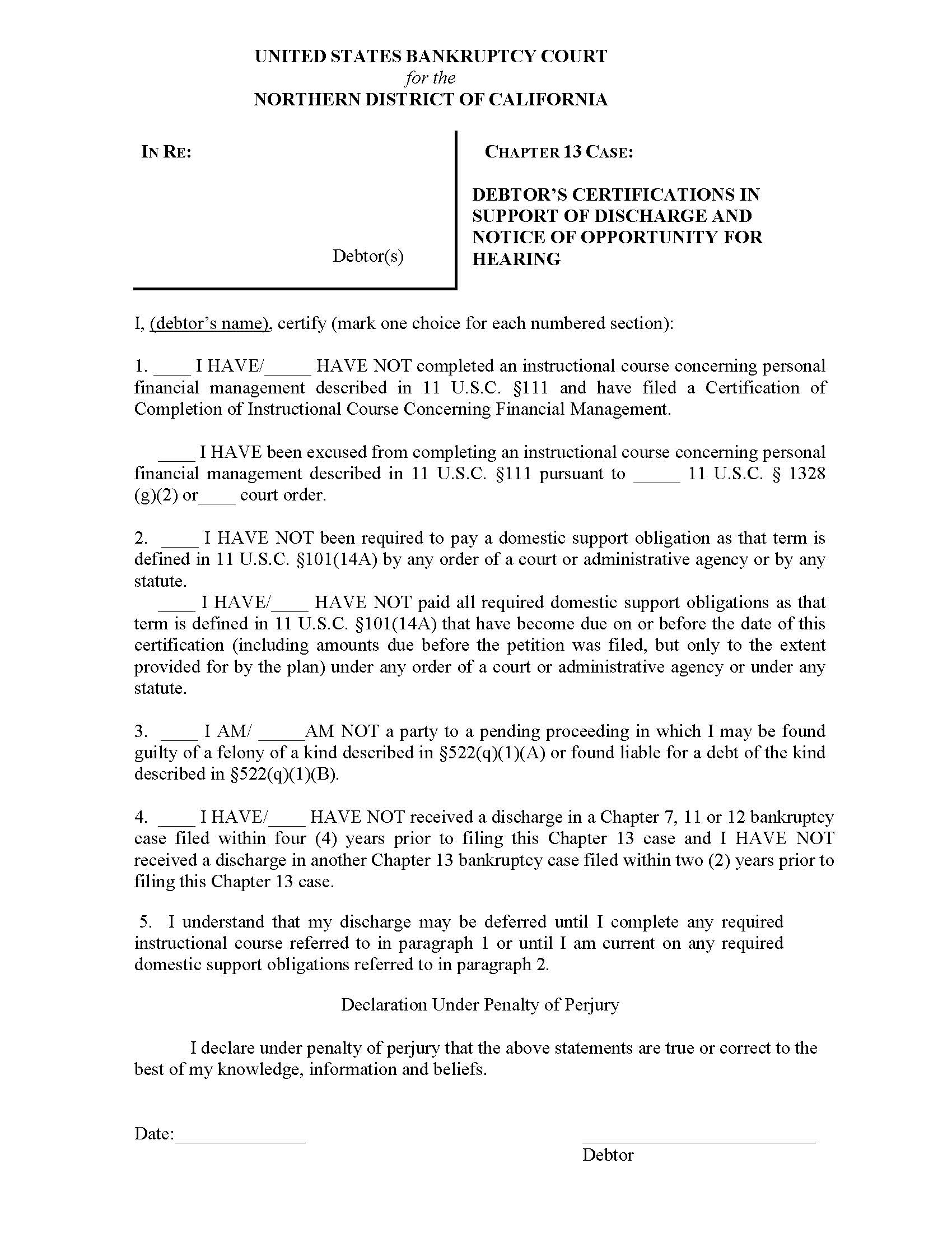 Debtors Certification In Support Of Discharge (Oakland-San Francisco-Divisions) | Pdf Fpdf Docx | California