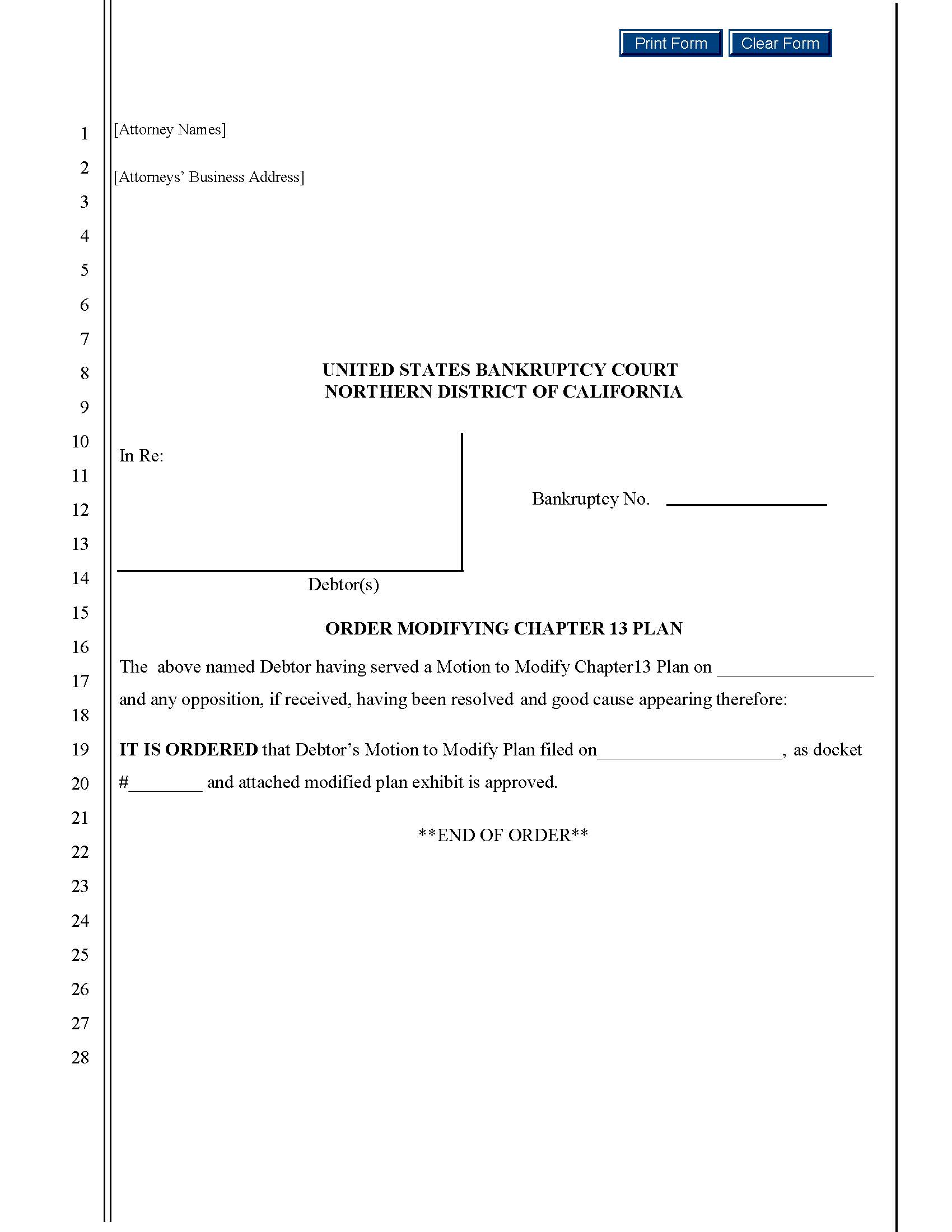 Form Order Modifying Chapter 13 Plan (Oakland-San Francisco) | Pdf Fpdf Docx | California