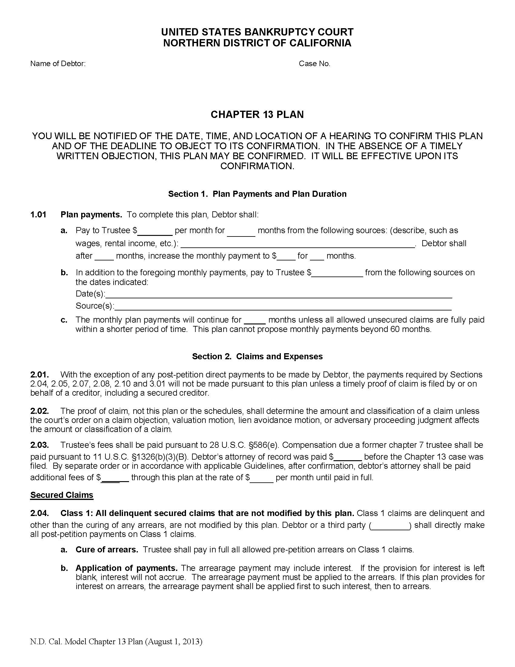 Model Chapter 13 Plan (Oakland-San Francisco) (Cases Filed On Or After 8-1-2013) | Pdf Fpdf Docx | California