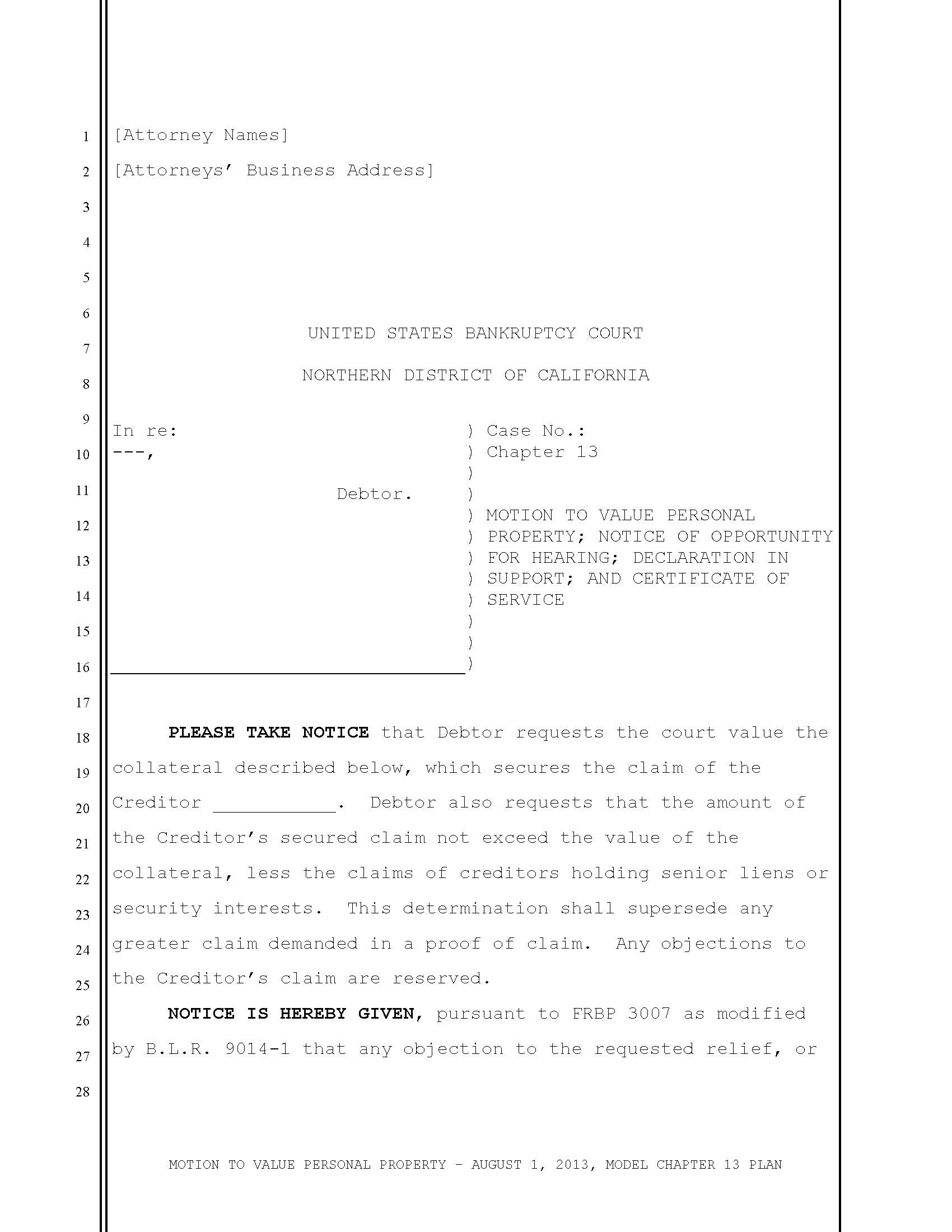 Motion To Value Personal Property (8-1-2013 Model Chapter 13 Plan) | Pdf Fpdf Docx | California