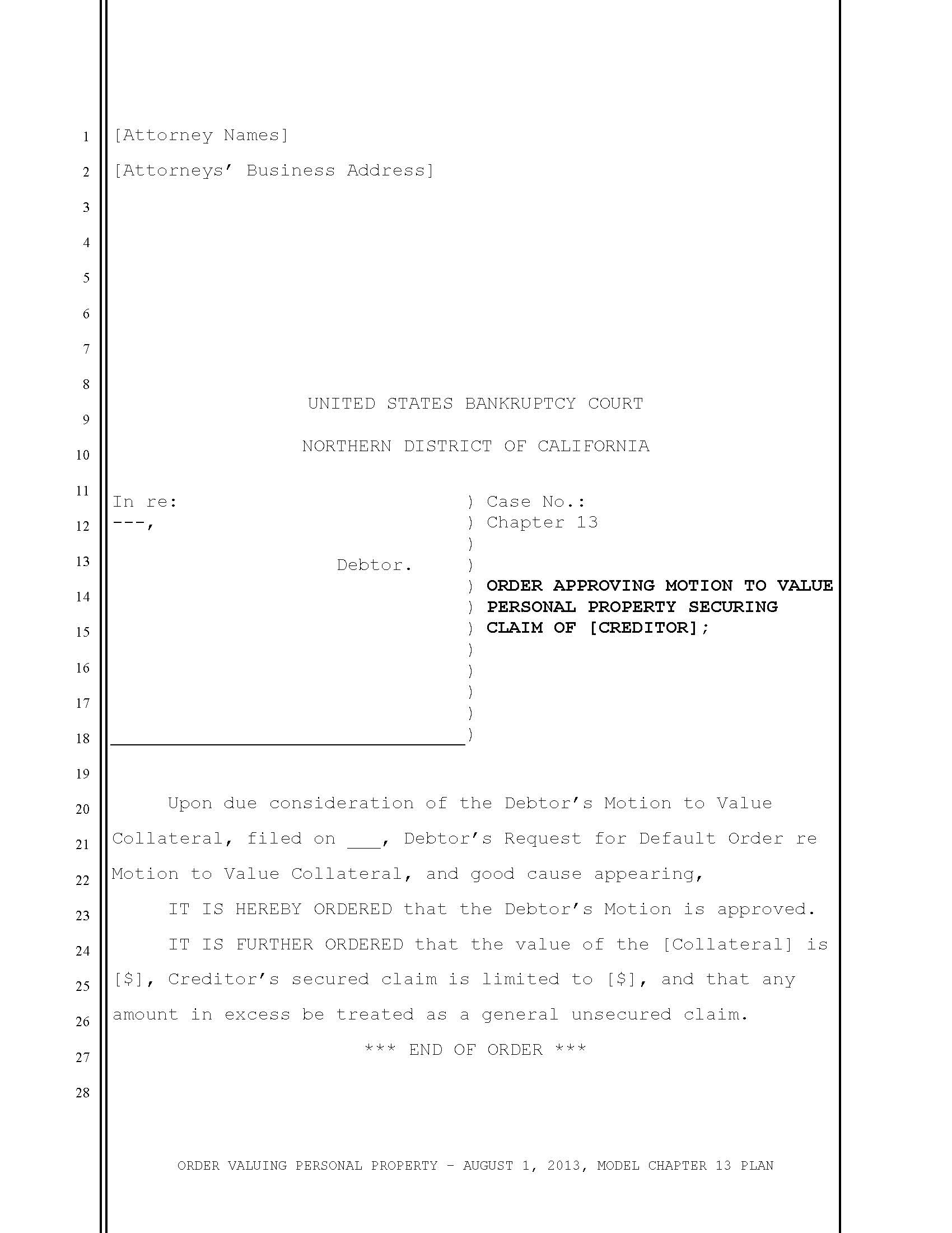 Order Valuing Personal Property (Model Chapter 13 Plan) | Pdf Fpdf Docx | California