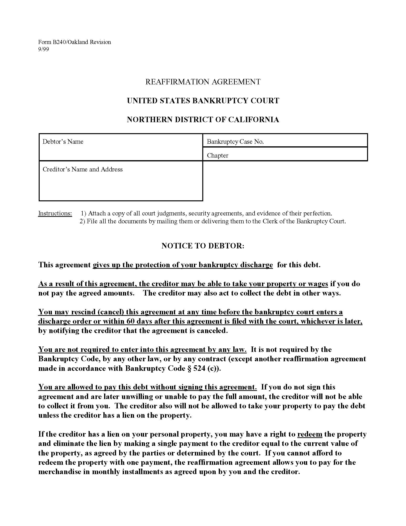 Reaffirmation Agreement (Oakland) | Pdf Fpdf Docx | California