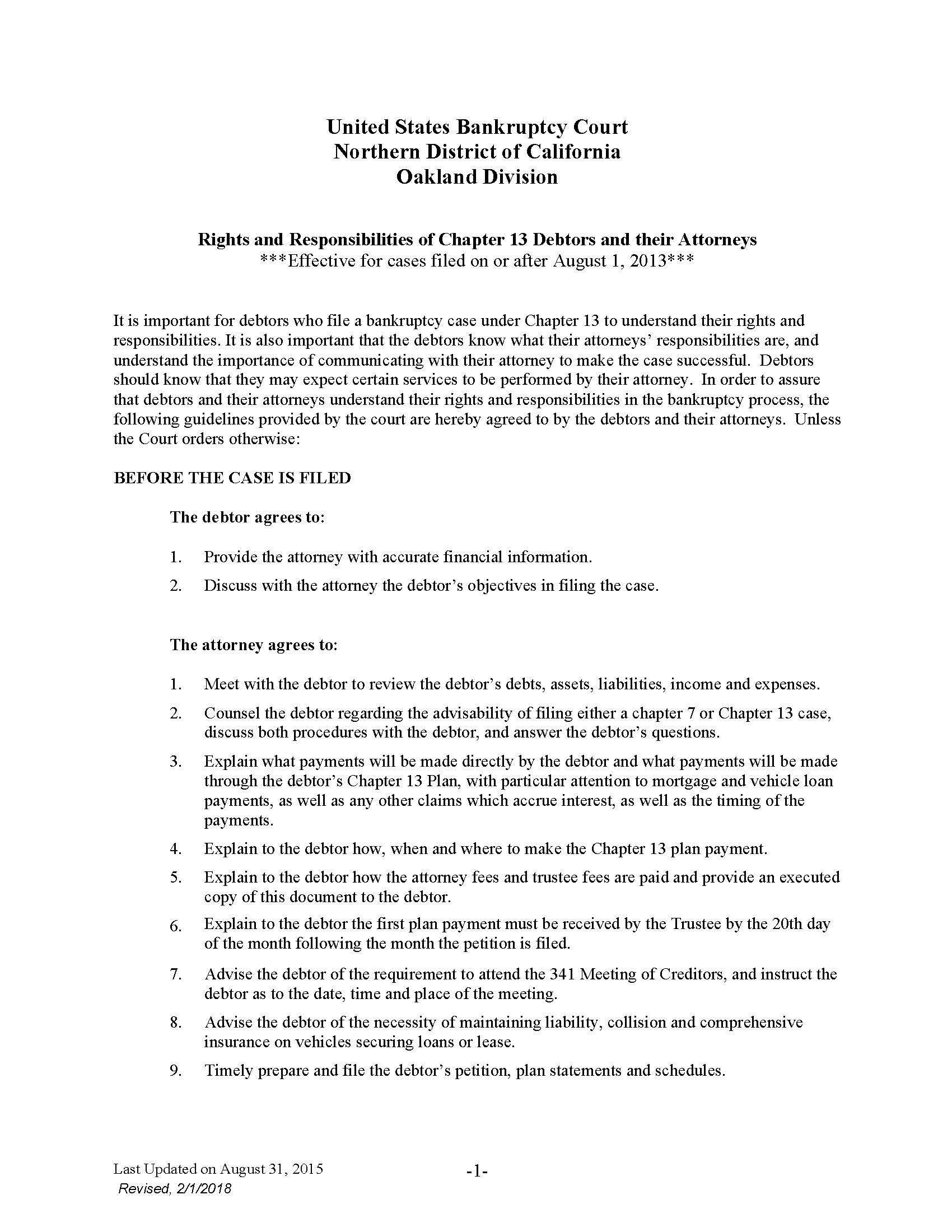 Rights And Responsibilities Of Chapter 13 Debtors And Their Attorneys (Oakland) | Pdf Fpdf Docx | California