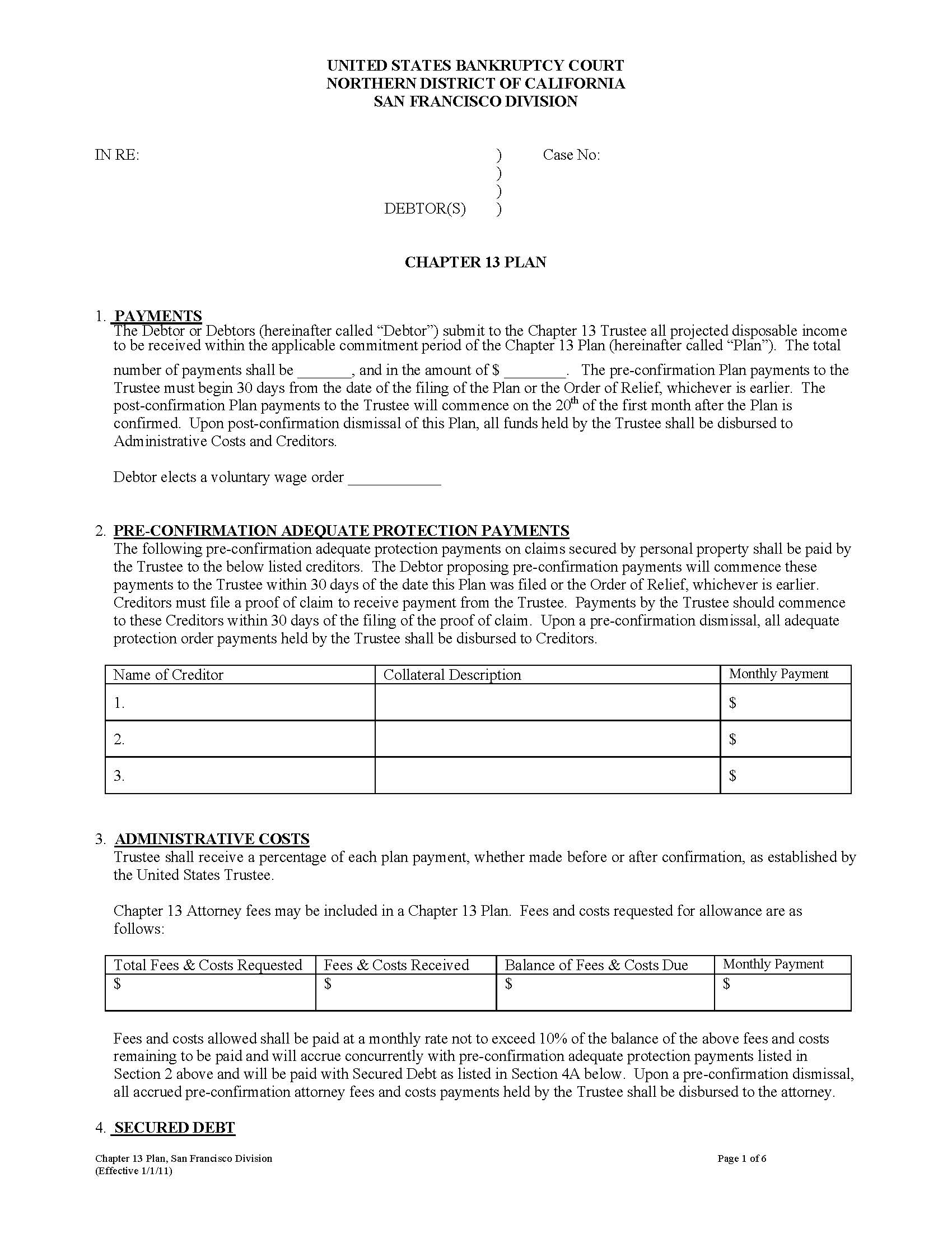 Model Chapter 13 Plan (San Francisco) (Cases Filed Before 8-1-2013) | Pdf Fpdf Docx | California