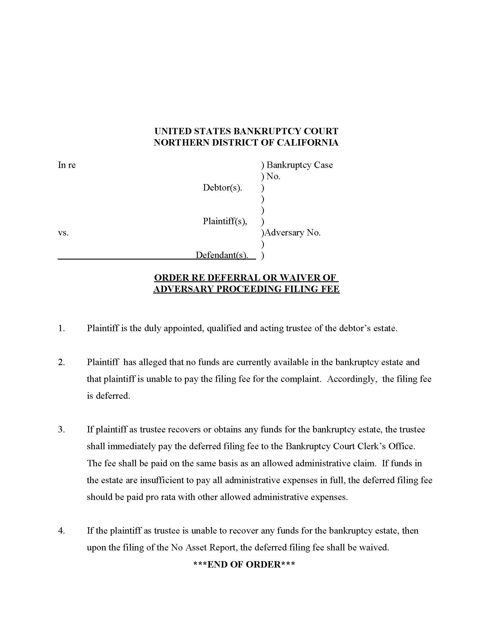 Order Re Deferral Or Waiver Of Adversary Proceeding Filing Fee | Pdf Fpdf Docx | California