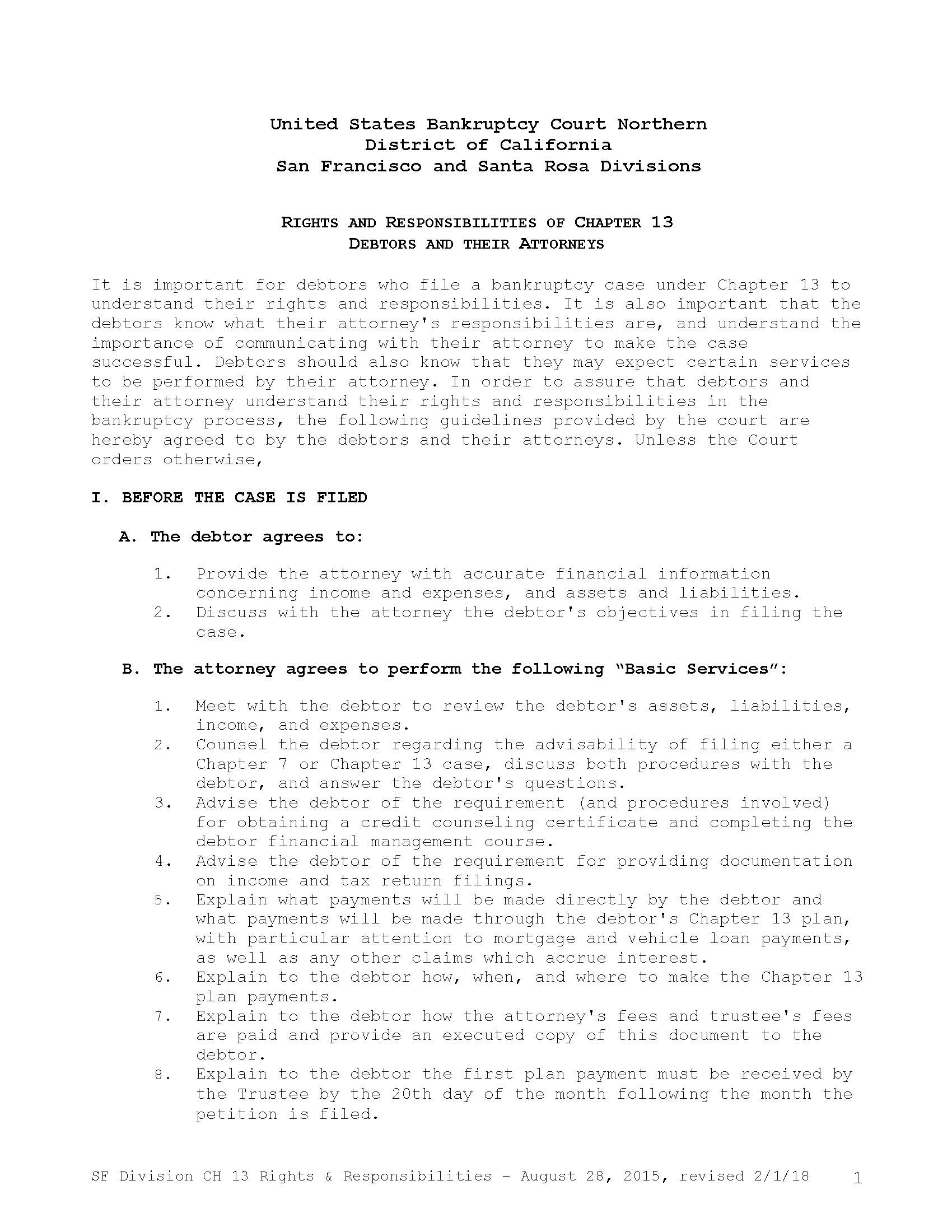 Rights And Responsibilities Of Chapter 13 Debtors (San Francisco-Santa Rosa) | Pdf Fpdf Docx | California