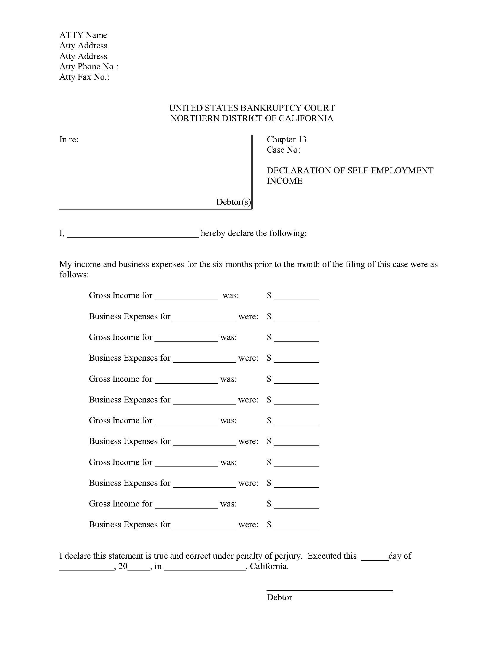 Trustees Form-Declaration Of Self Employment Income (San Francisco Division) | Pdf Fpdf Docx | California