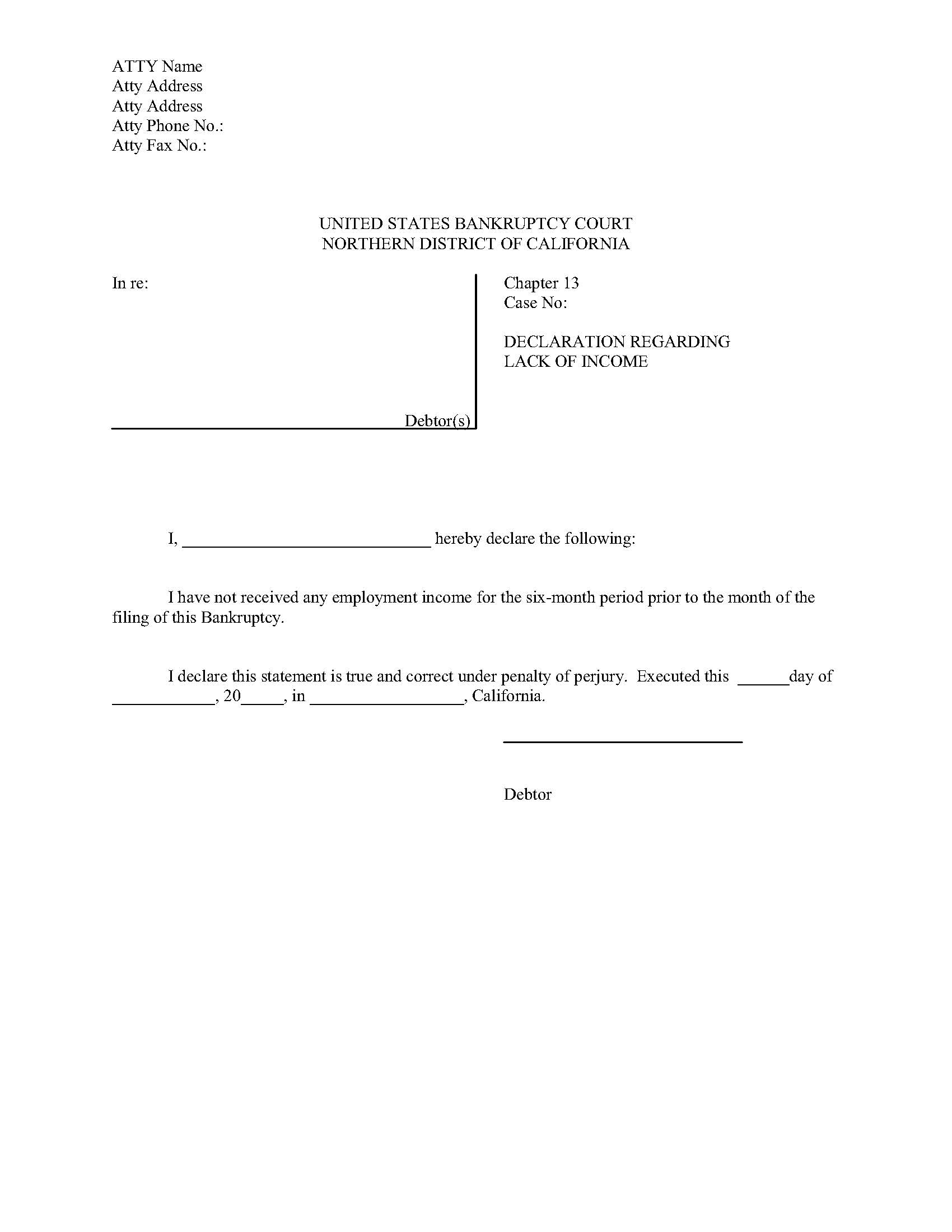 Trustees Form-Declaration Regarding Lack Of Income (San Francisco Division) | Pdf Fpdf Docx | California