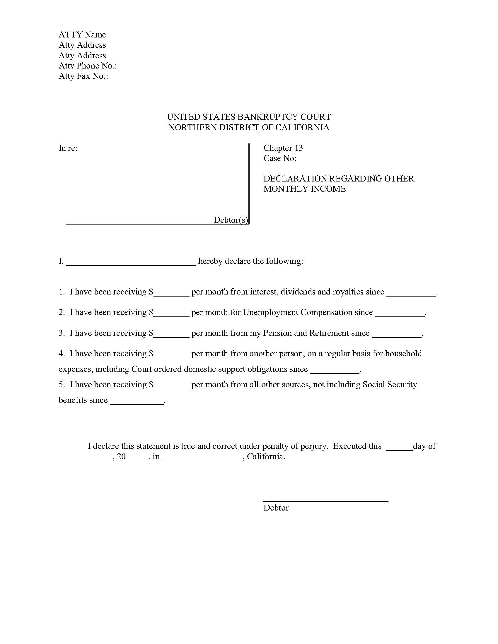 Trustees Form-Declaration Regarding Other Monthly Income (San Francisco Division) | Pdf Fpdf Docx | California