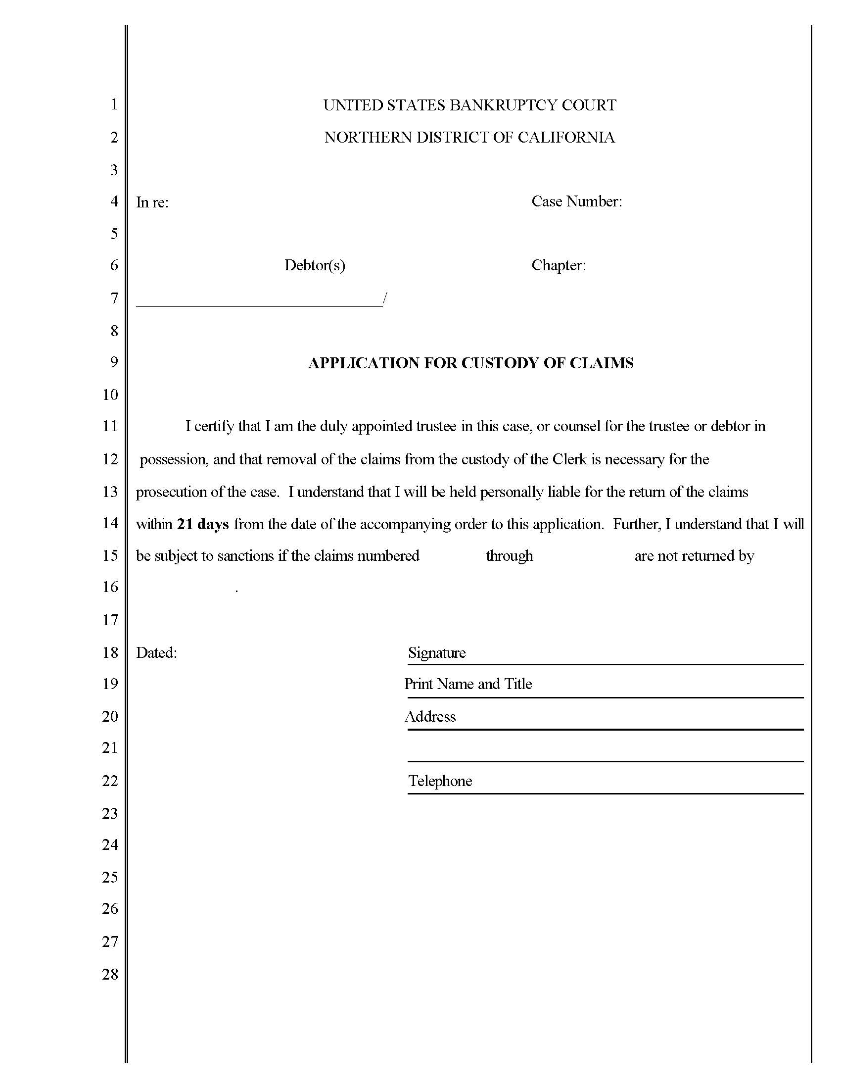 Application For Custody Of Claims (San Jose) | Pdf Fpdf Docx | California