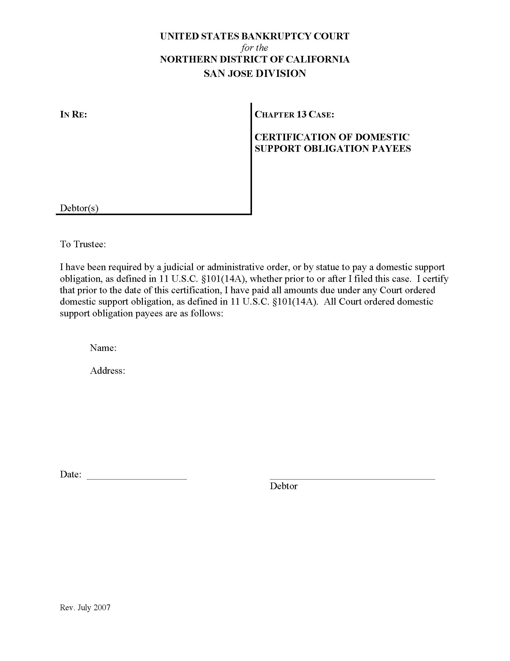 Certification Of Domestic Support Obligation (San Jose Division) | Pdf Fpdf Docx | California