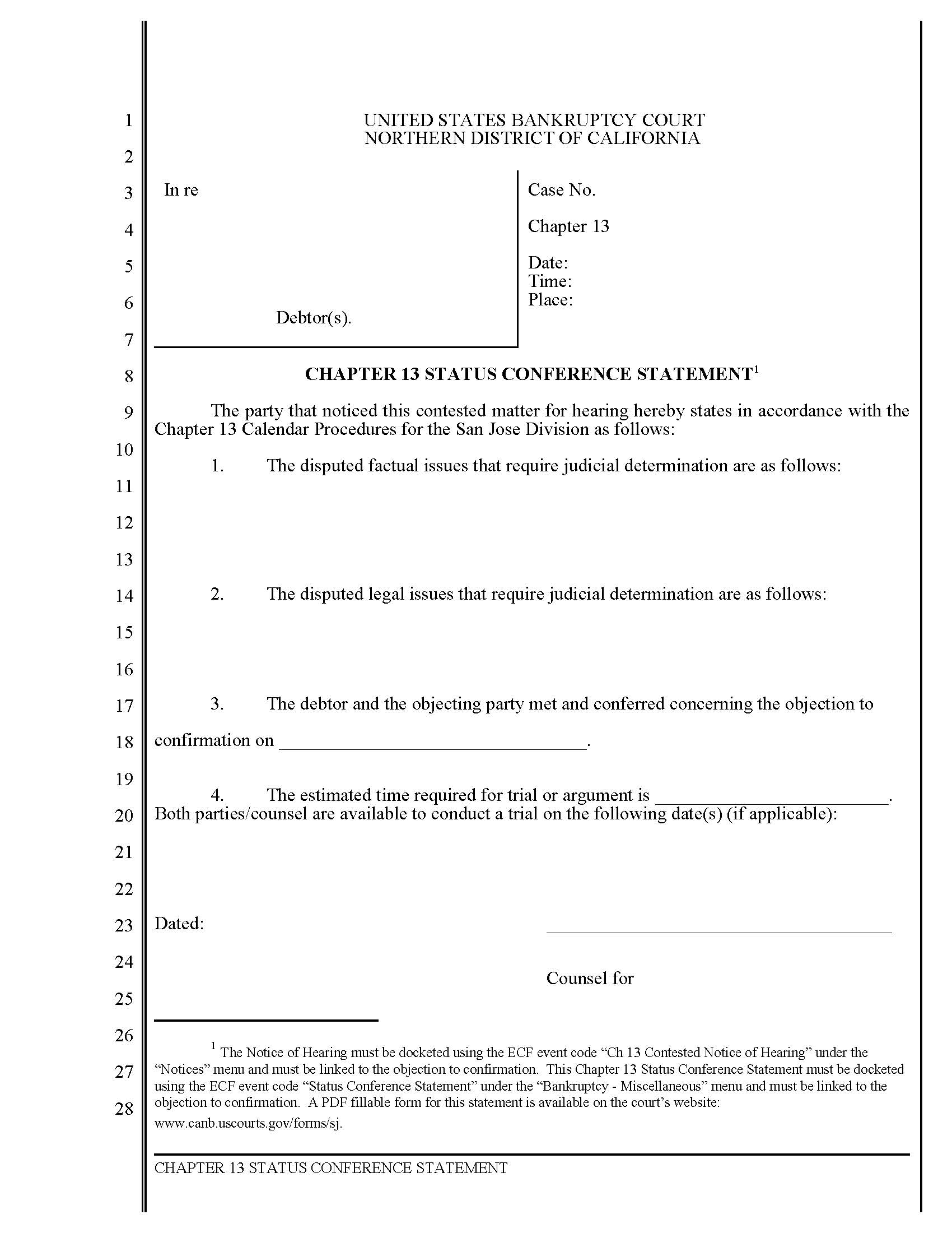 Chapter 13 Status Conference Statement (San Jose Division) | Pdf Fpdf Docx | California