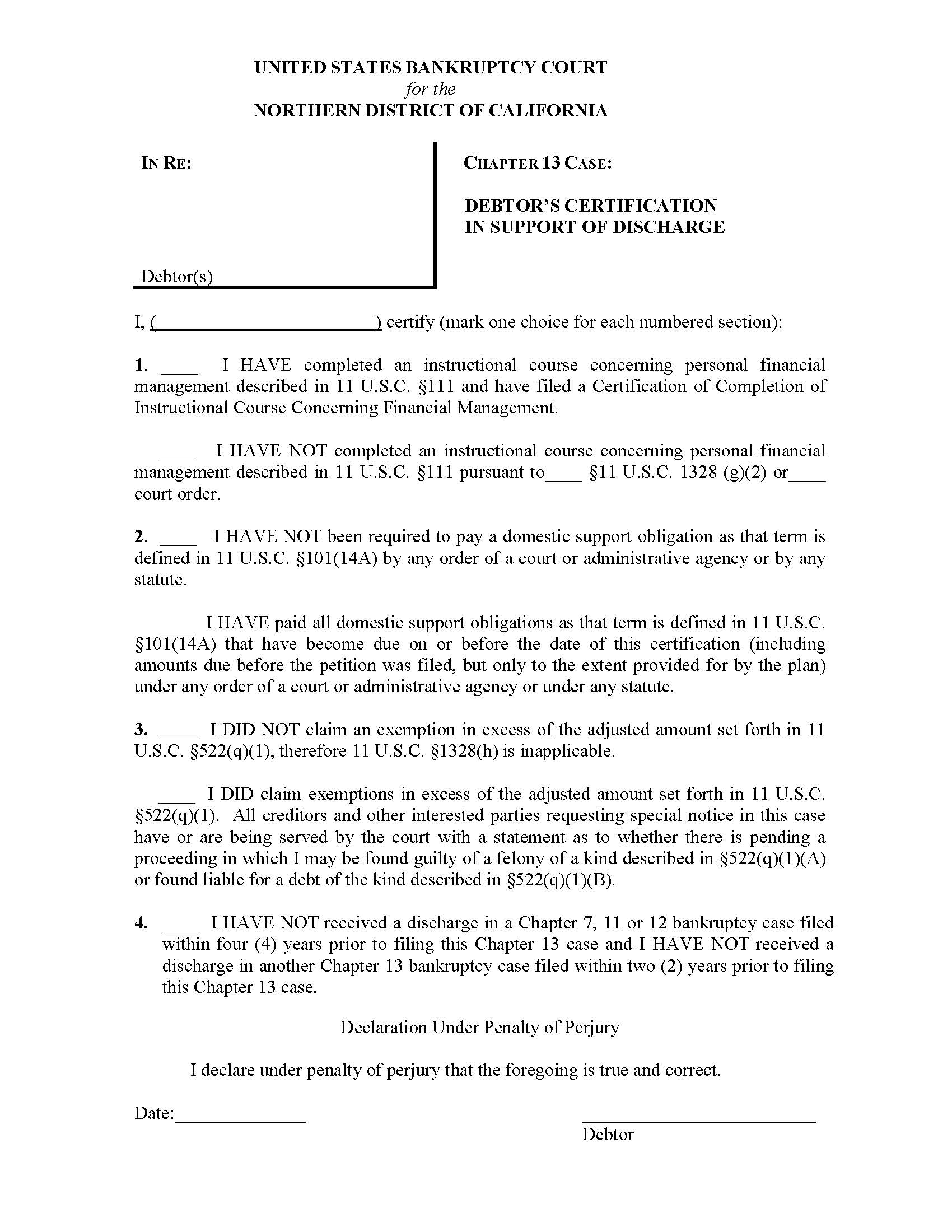Debtors Certification In Support Of Discharge (San Jose Division) | Pdf Fpdf Docx | California