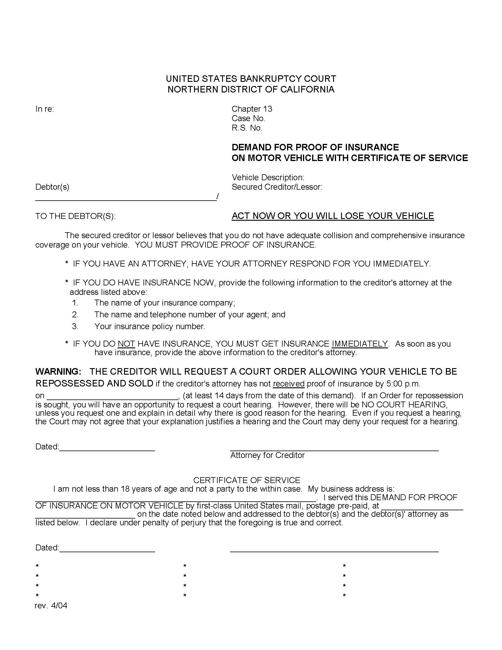 Demand For Proof Of Insurance On Motor Vehicle With Certificate Of Service | Pdf Fpdf Docx | California