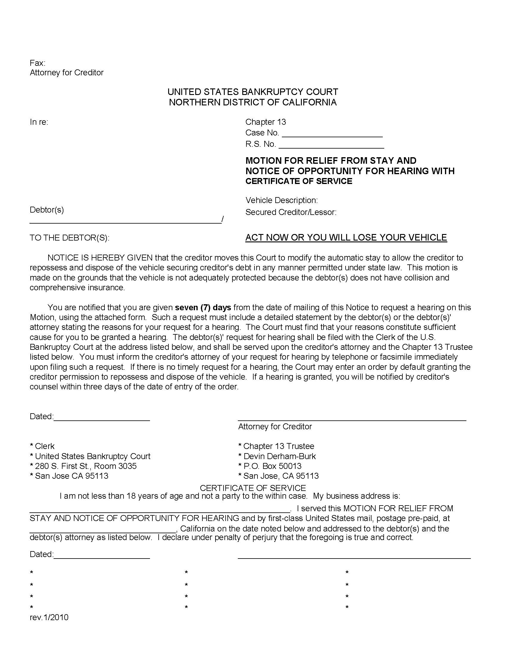 Motion For Relief From Stay And Notice Of Opportunity For Hearing (San Jose) | Pdf Fpdf Docx | California