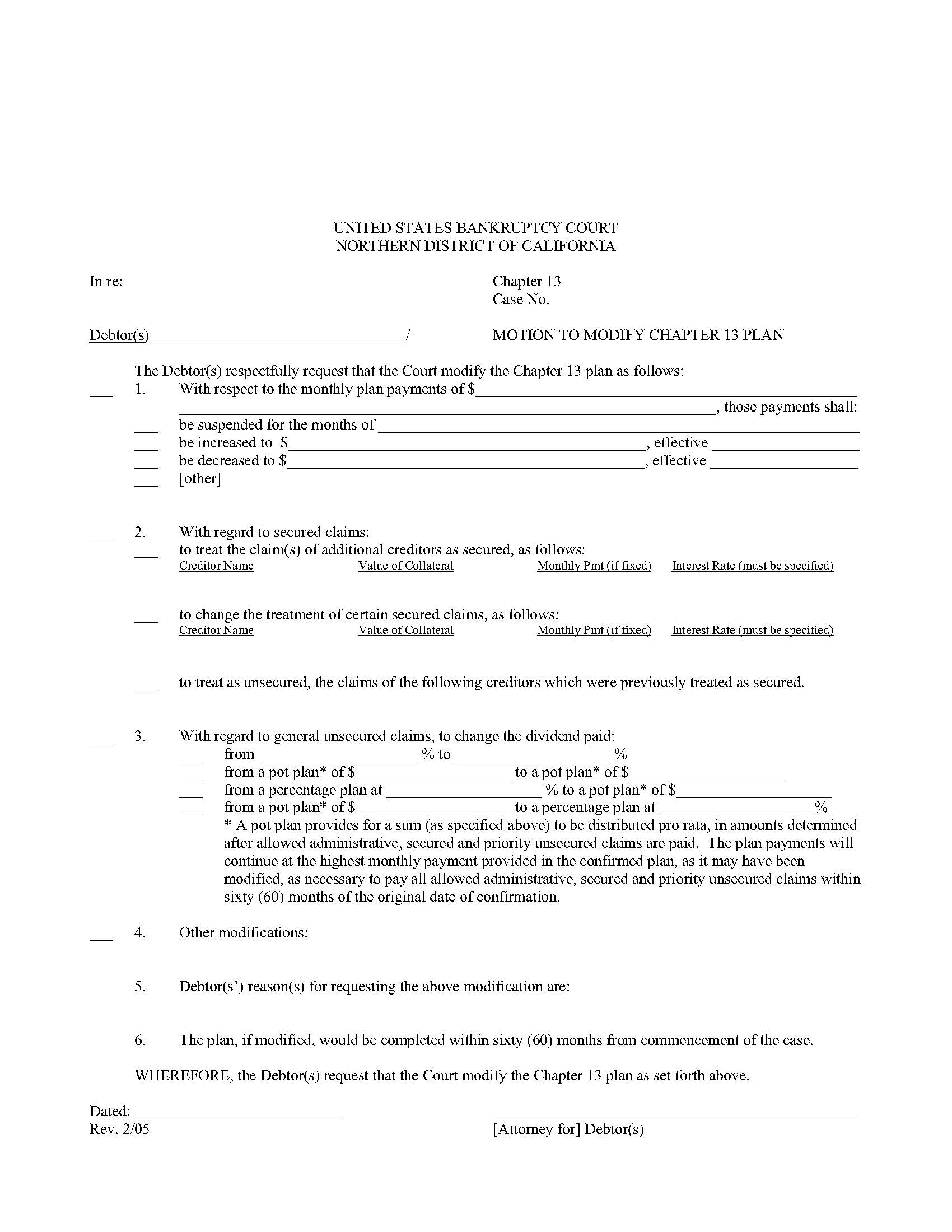 Motion To Modify Chapter 13 Plan (San Jose) | Pdf Fpdf Docx | California