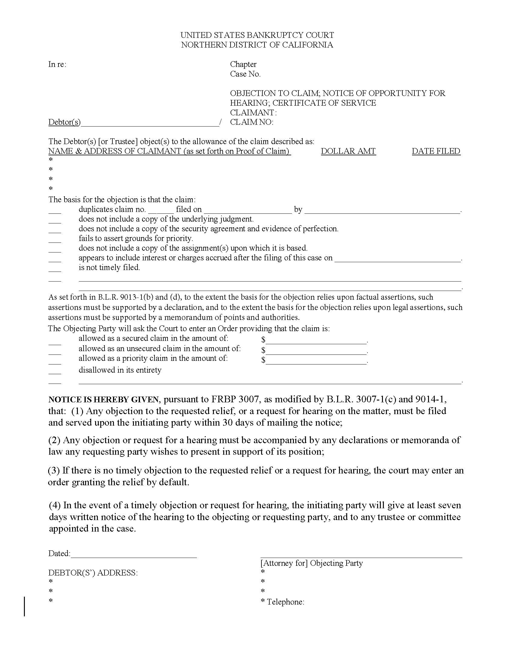 Objection To Claim Notice Of Opportunity For Hearing Certificate Of Service | Pdf Fpdf Docx | California